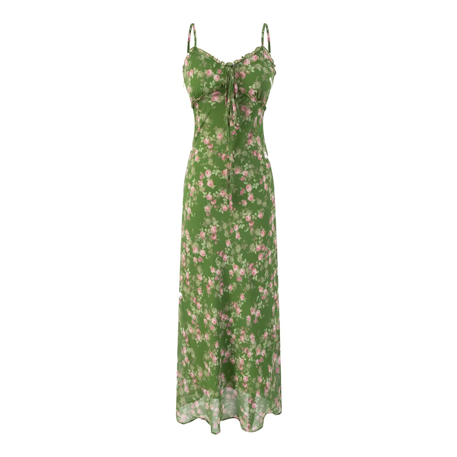Spring Summer Beach Vacation Casual Floral Print Green Background Suspender Dress