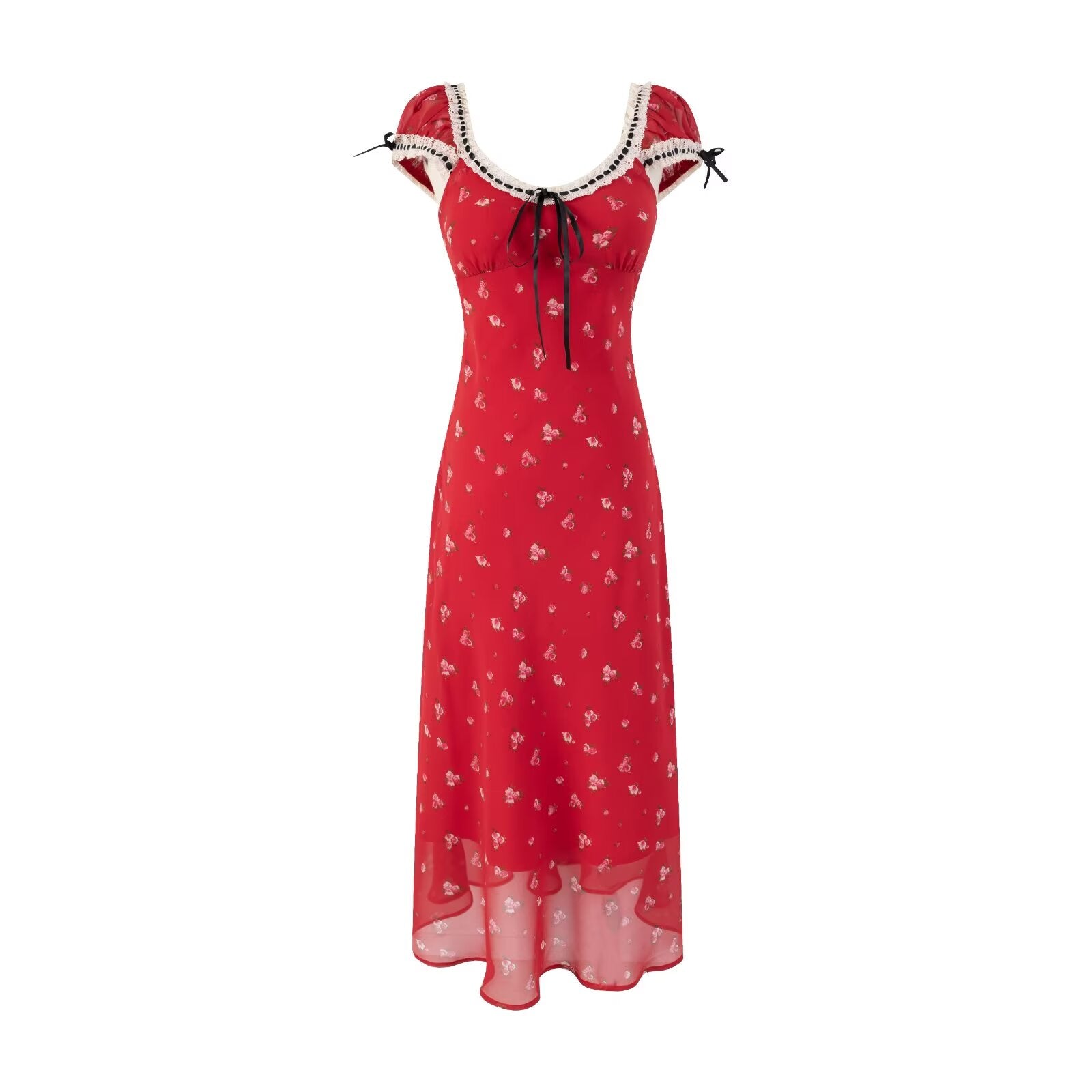 Spring Summer Cherry Red Printed Retro Hip Dress