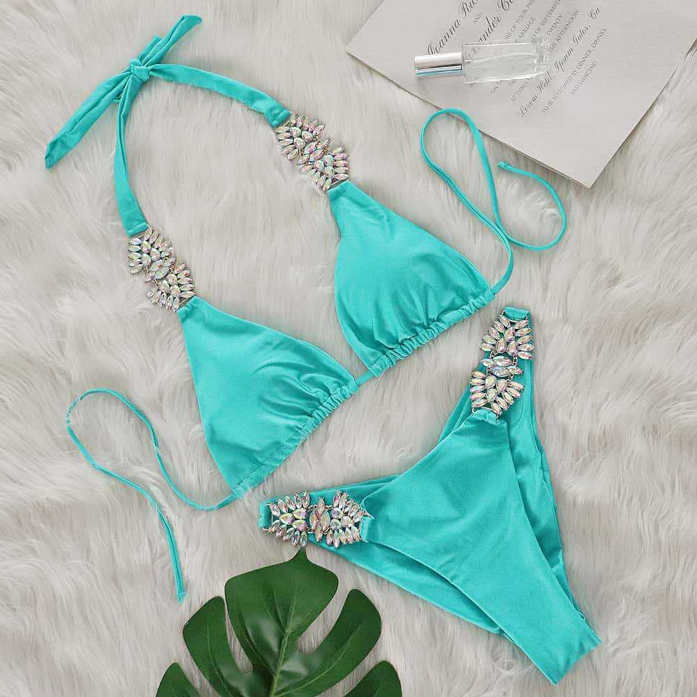 Swimsuit Sexy Solid Color Metal Diamond Bikini Bandage Split Swimsuit