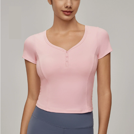 Slim Fit Yoga T shirt Women Princess Line Waist Tight Sports Short Sleeve Peach Collar Tight Fitness Top