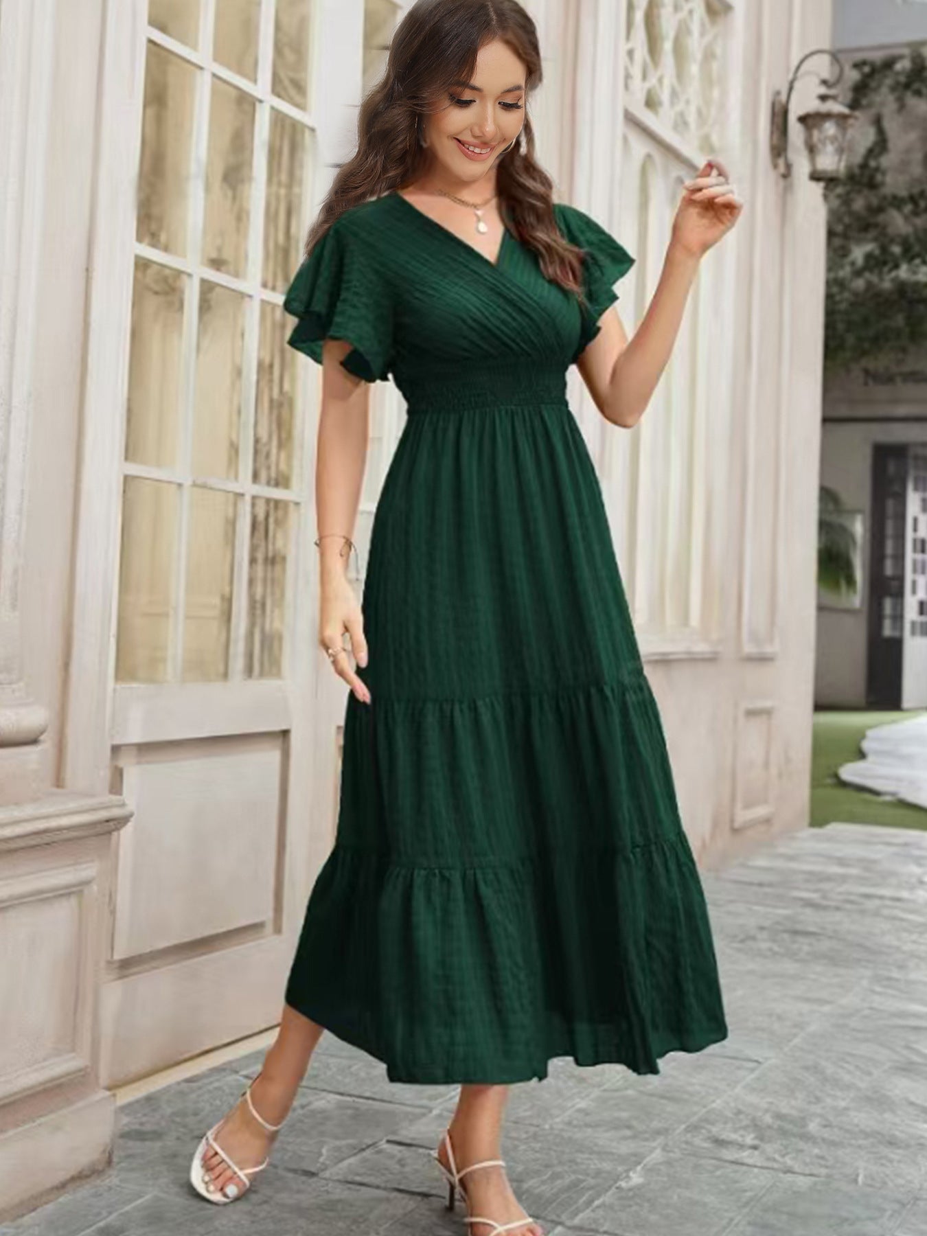 Elegant Dark Embossed Cross Collar Ruffle Sleeve Smocking Waist Multi Layer Hem Maxi Dress