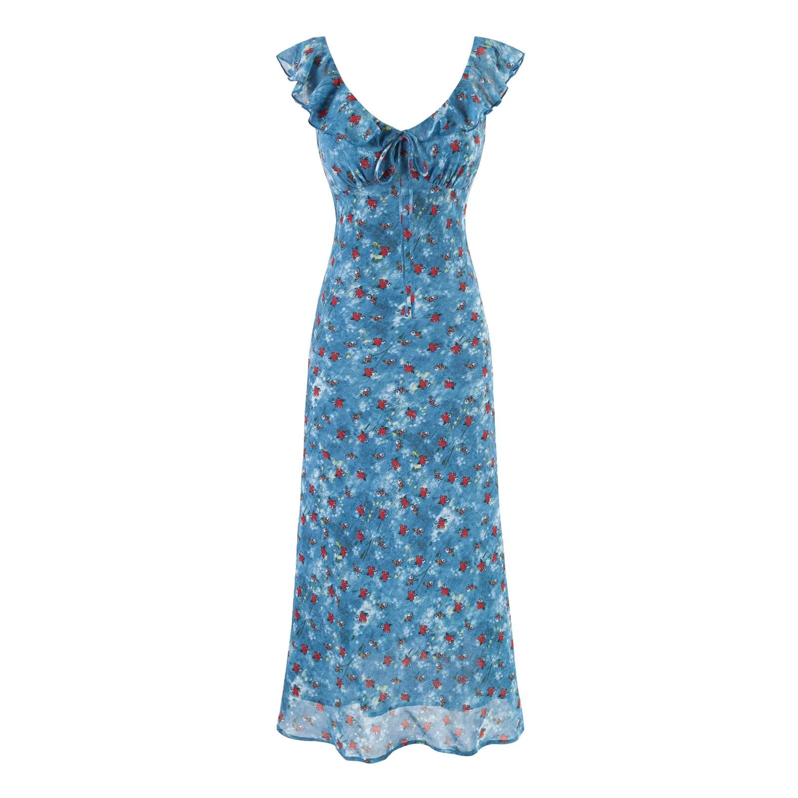 Women Clothing Summer Holiday Blue Printed Ruffled Waist Dress