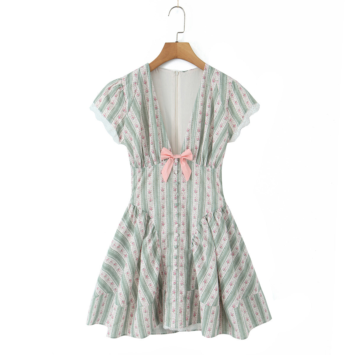 Sweet Romantic Floral Bowknot Decoration Striped Lace V neck Mini Dress Short Dress Women