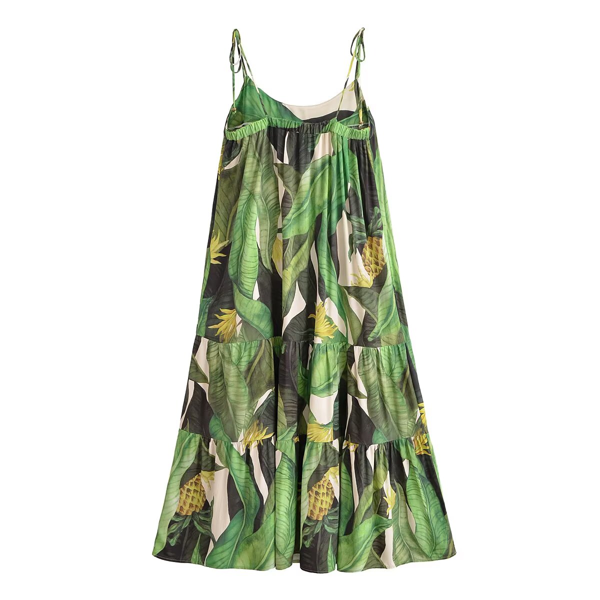 Summer Wind Women Rayon Printed Bohemian Plant Ruffled Spaghetti Straps Dress