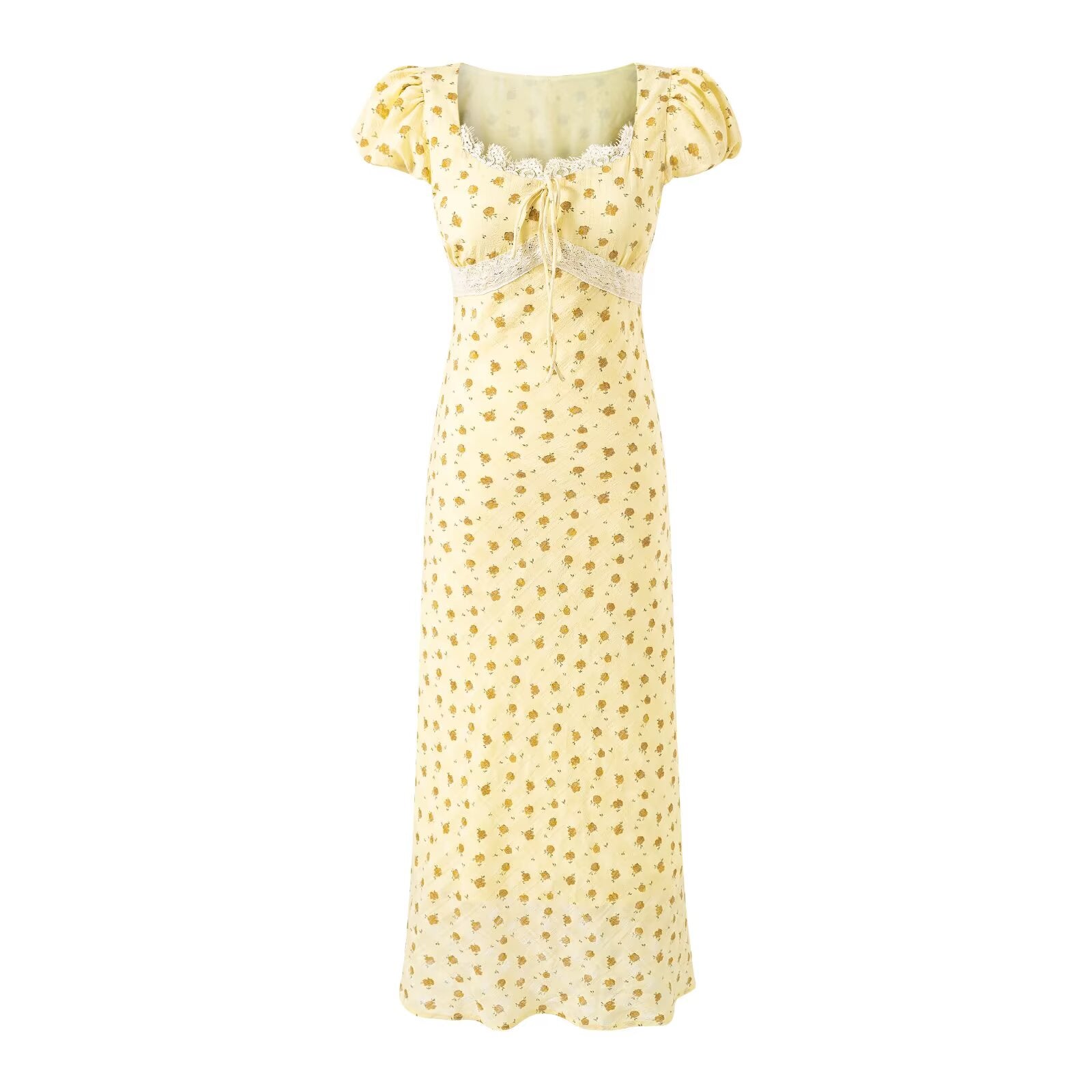 Gentle Square Collar Lace Stitching Bow Lace up Short Sleeve Floral Dress Waist Slim Fit Vacation Dress