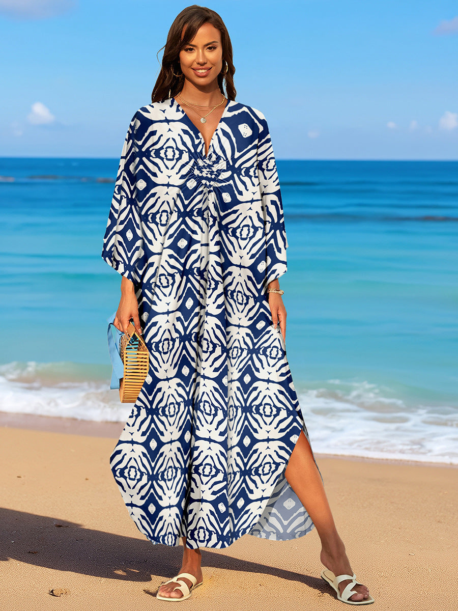 Rayon Print Holiday Beach Dress Women Sun Protective Clothing Loose Robe Beach Cover Up