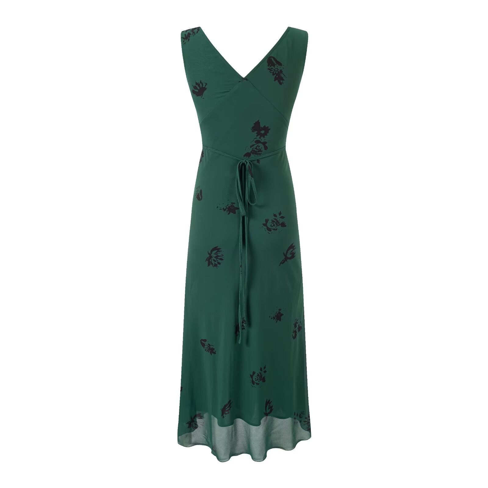 Summer Retro Texture Vacation Casual Green Background Printed V neck Dress
