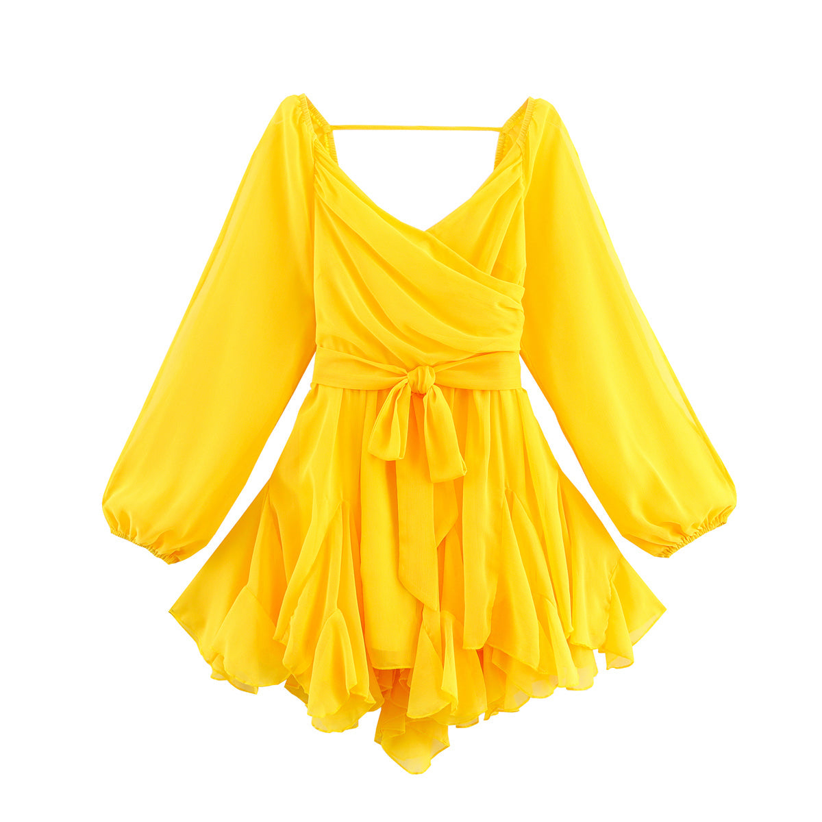 Women Clothing Fall Backless Cross Strap Lantern Sleeve Chiffon Dress