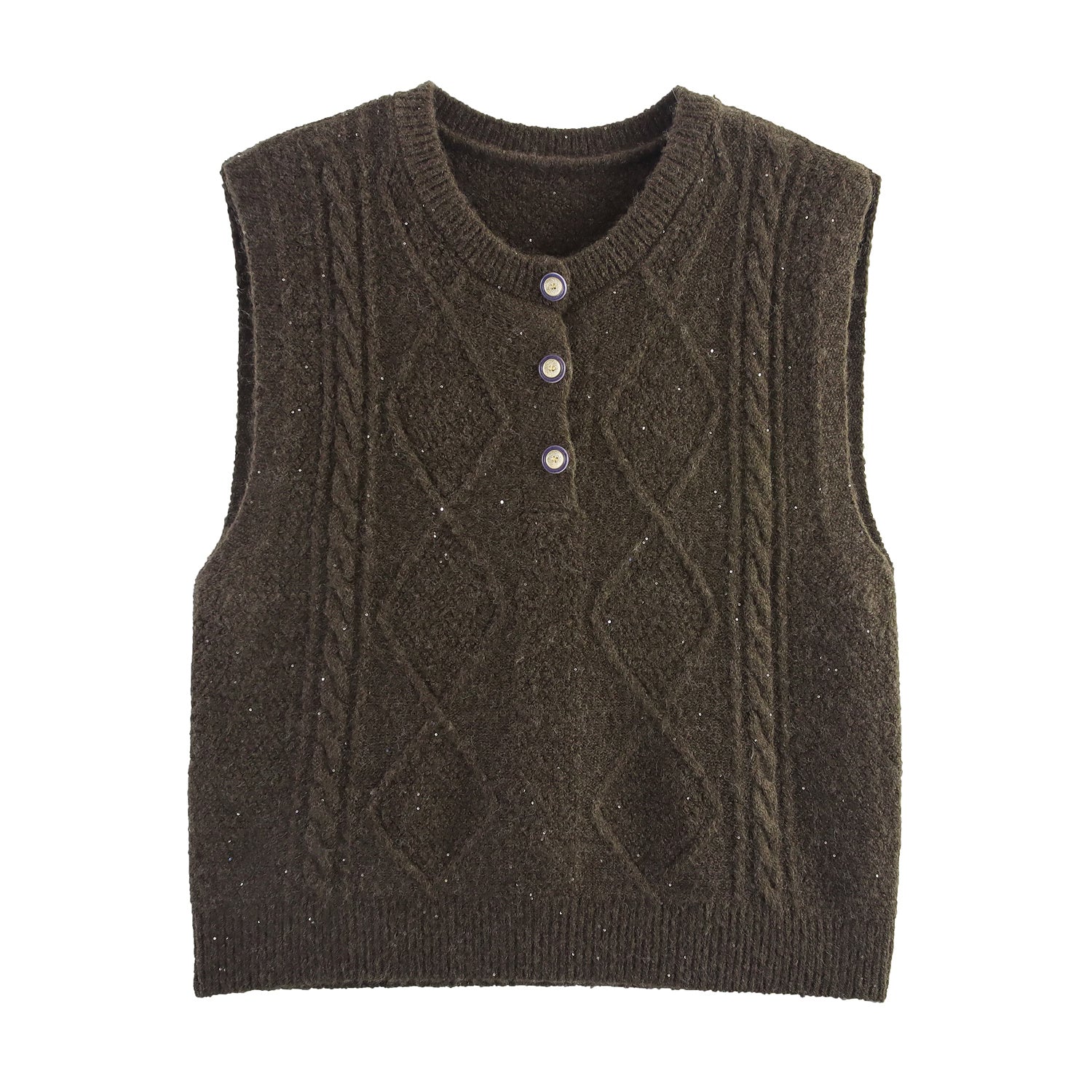 Women Clothing Autumn Sequined Diamond round Neck Half Cardigan Knitted Vest