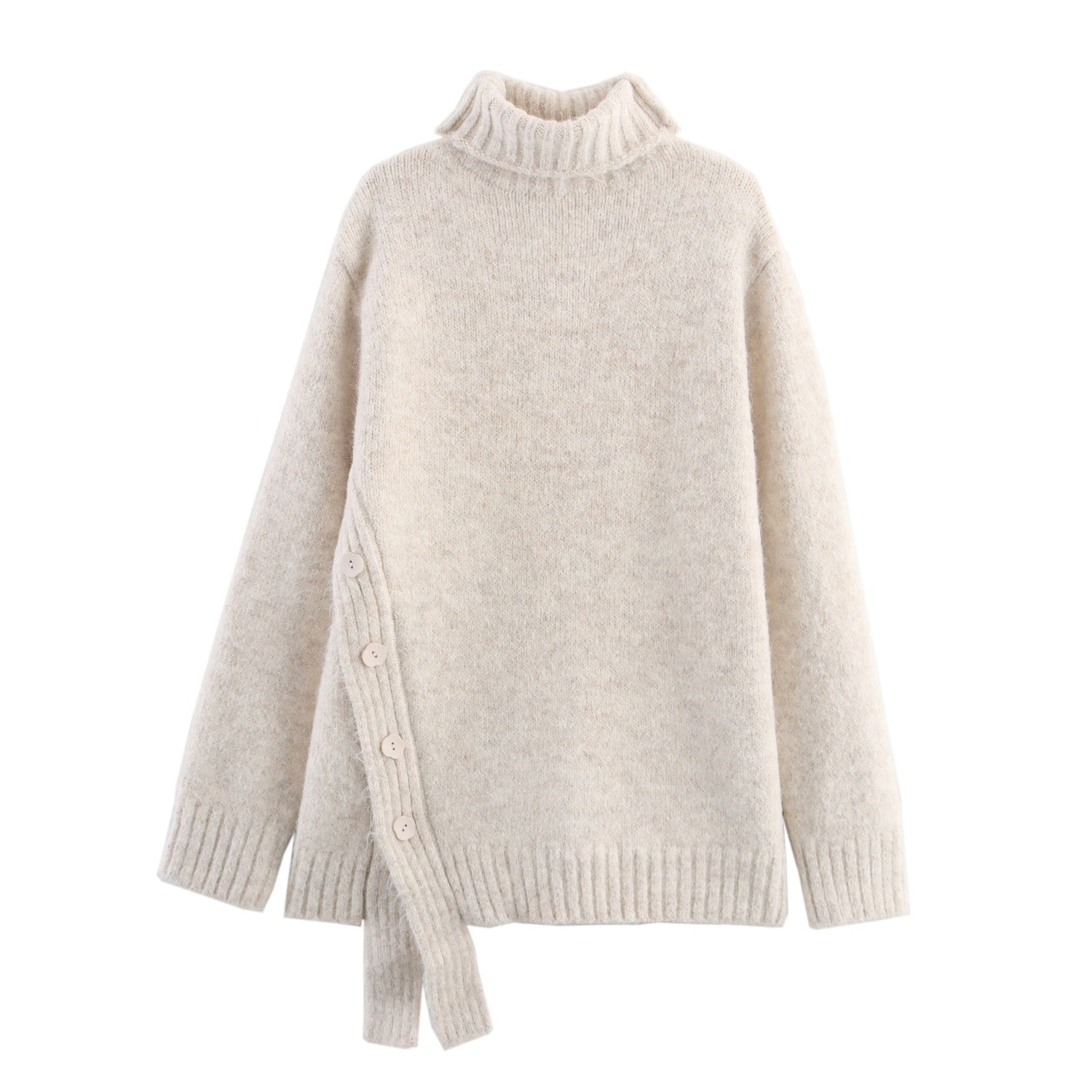 Women Clothing Autumn Irregular Asymmetric Hem Turtleneck Pullover Loose Thick Sweater