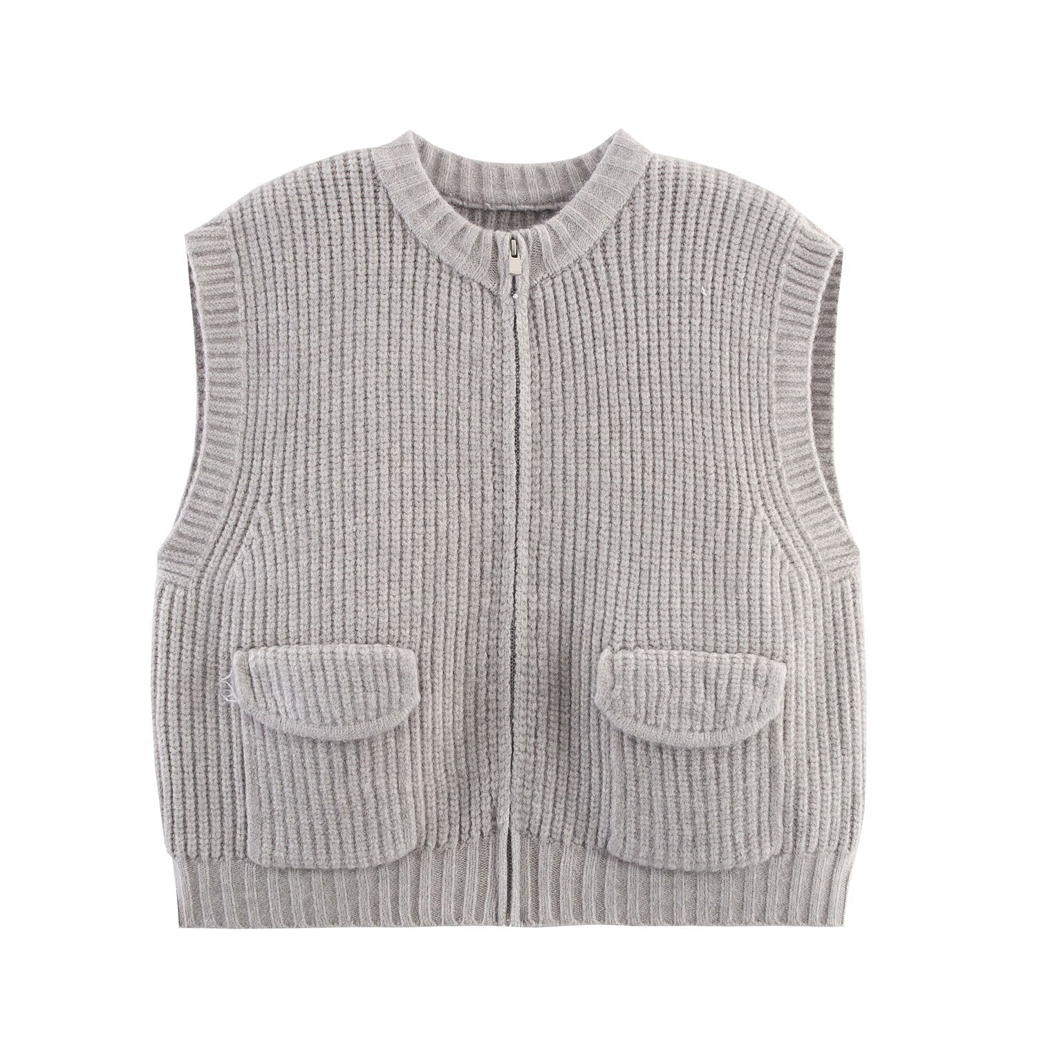Fall Women Clothing Thick Needle round Neck Pocket Knitted Sweater Zipper Cardigan Vest