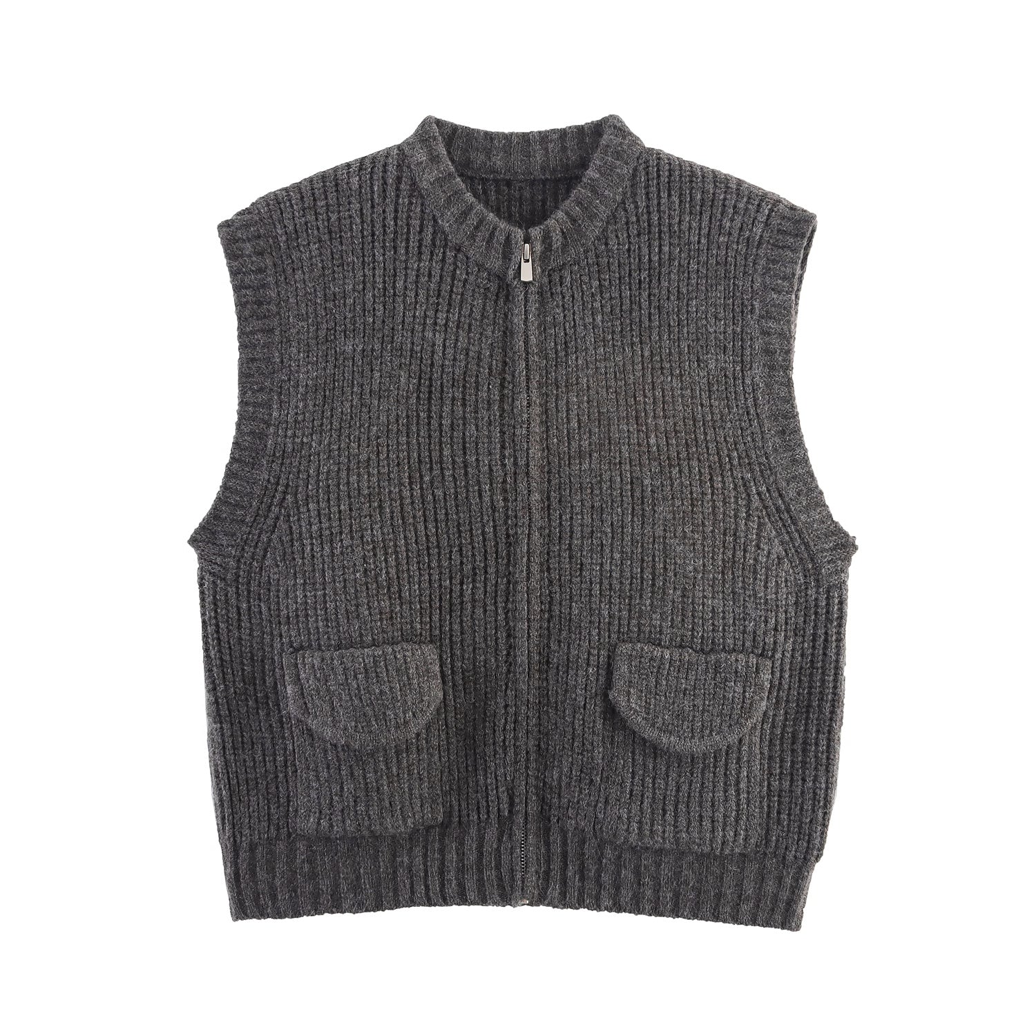 Fall Women Clothing Thick Needle round Neck Pocket Knitted Sweater Zipper Cardigan Vest