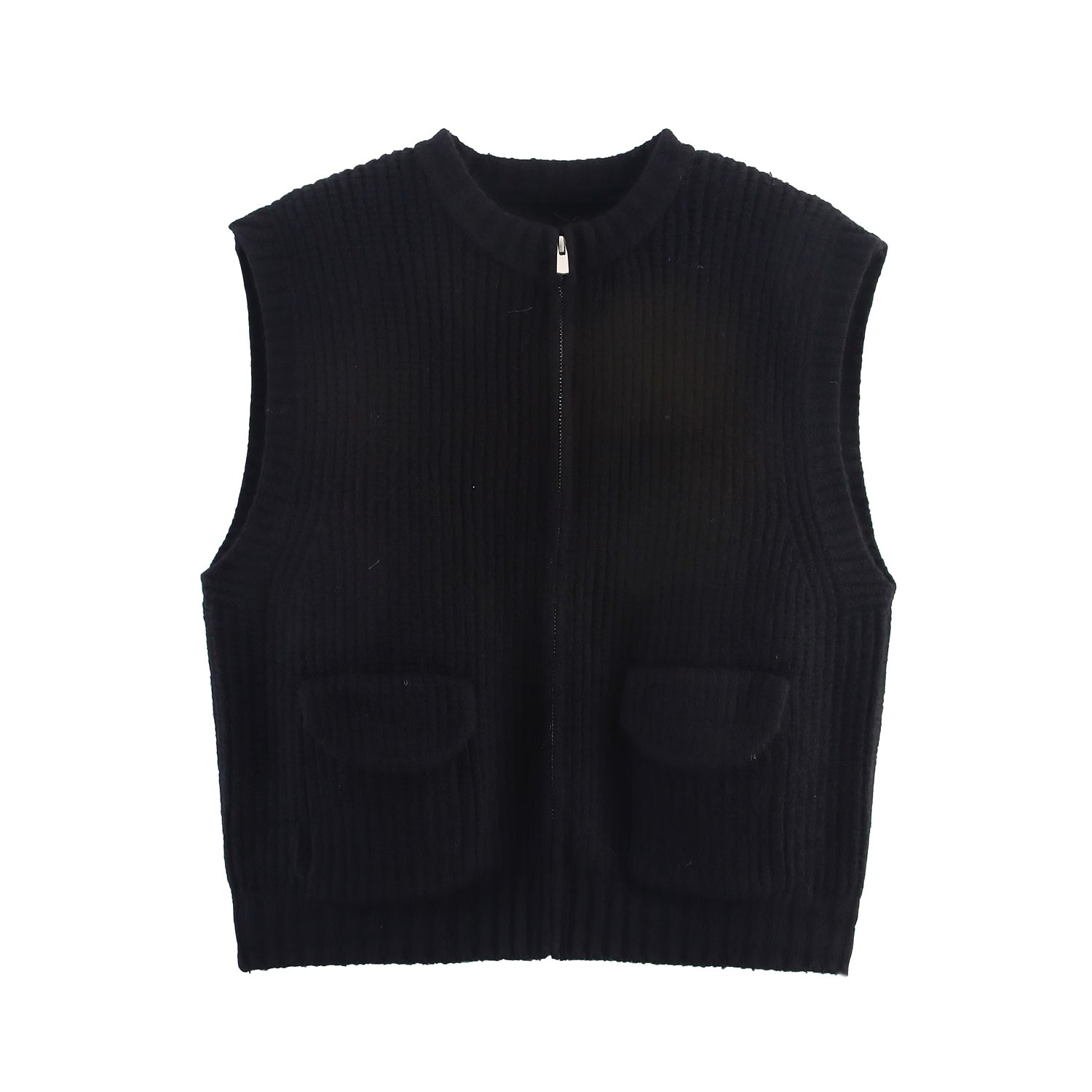 Fall Women Clothing Thick Needle round Neck Pocket Knitted Sweater Zipper Cardigan Vest
