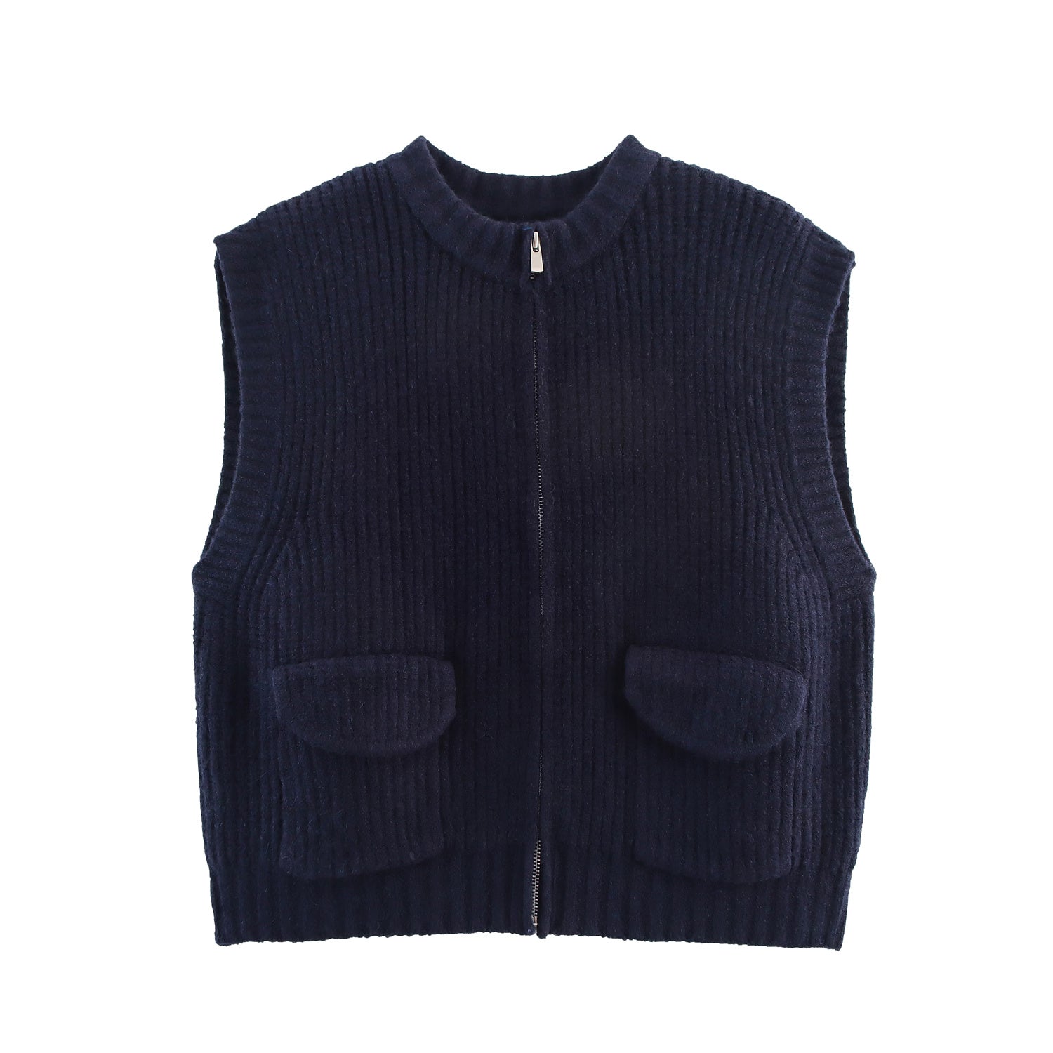 Fall Women Clothing Thick Needle round Neck Pocket Knitted Sweater Zipper Cardigan Vest