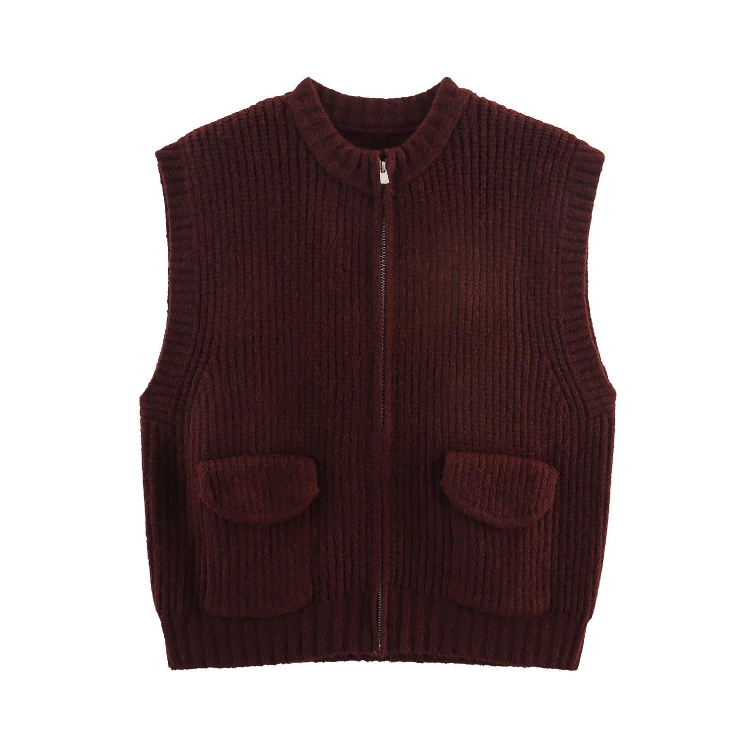Fall Women Clothing Thick Needle round Neck Pocket Knitted Sweater Zipper Cardigan Vest