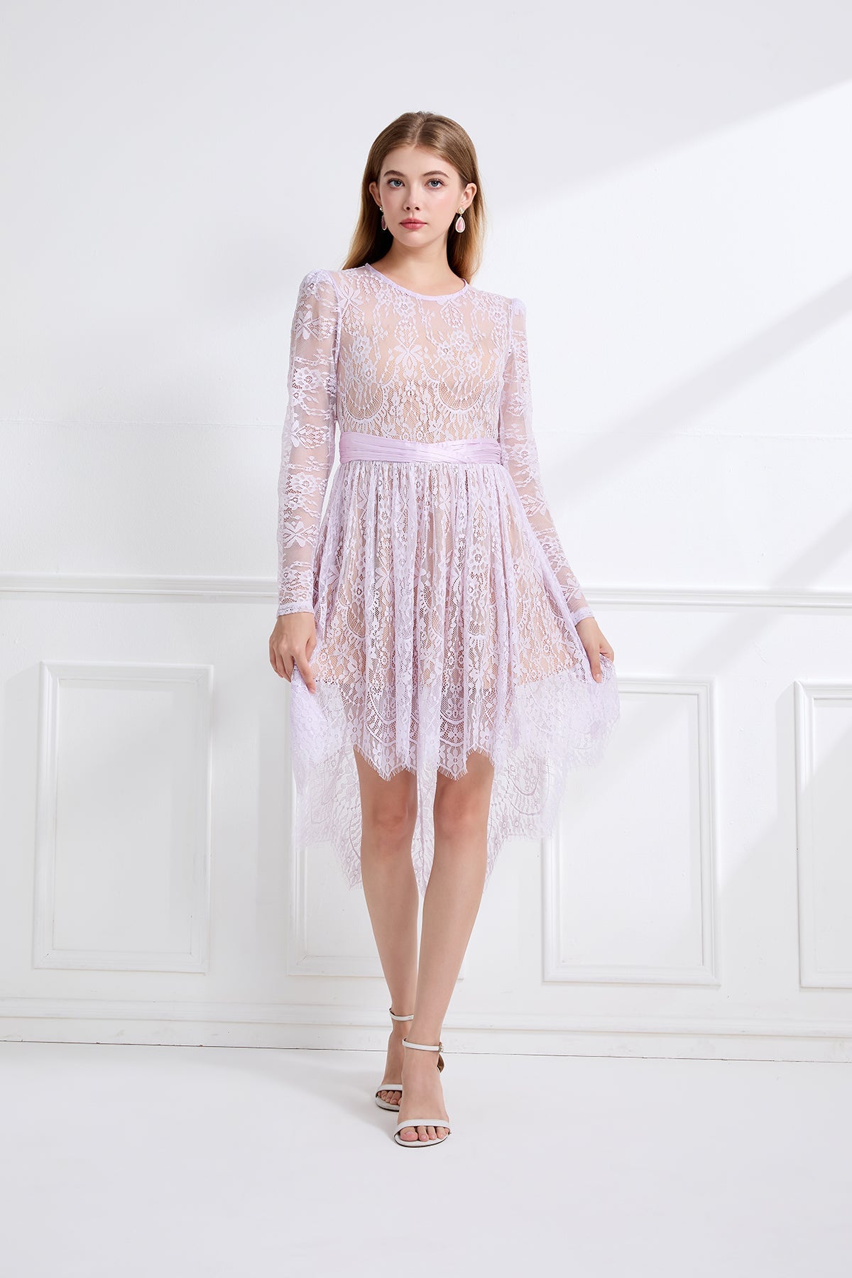 Women Lace Patchwork Pleated Waist Round Neck Long Sleeve Dress With A Shorter Front And Longer Back Design