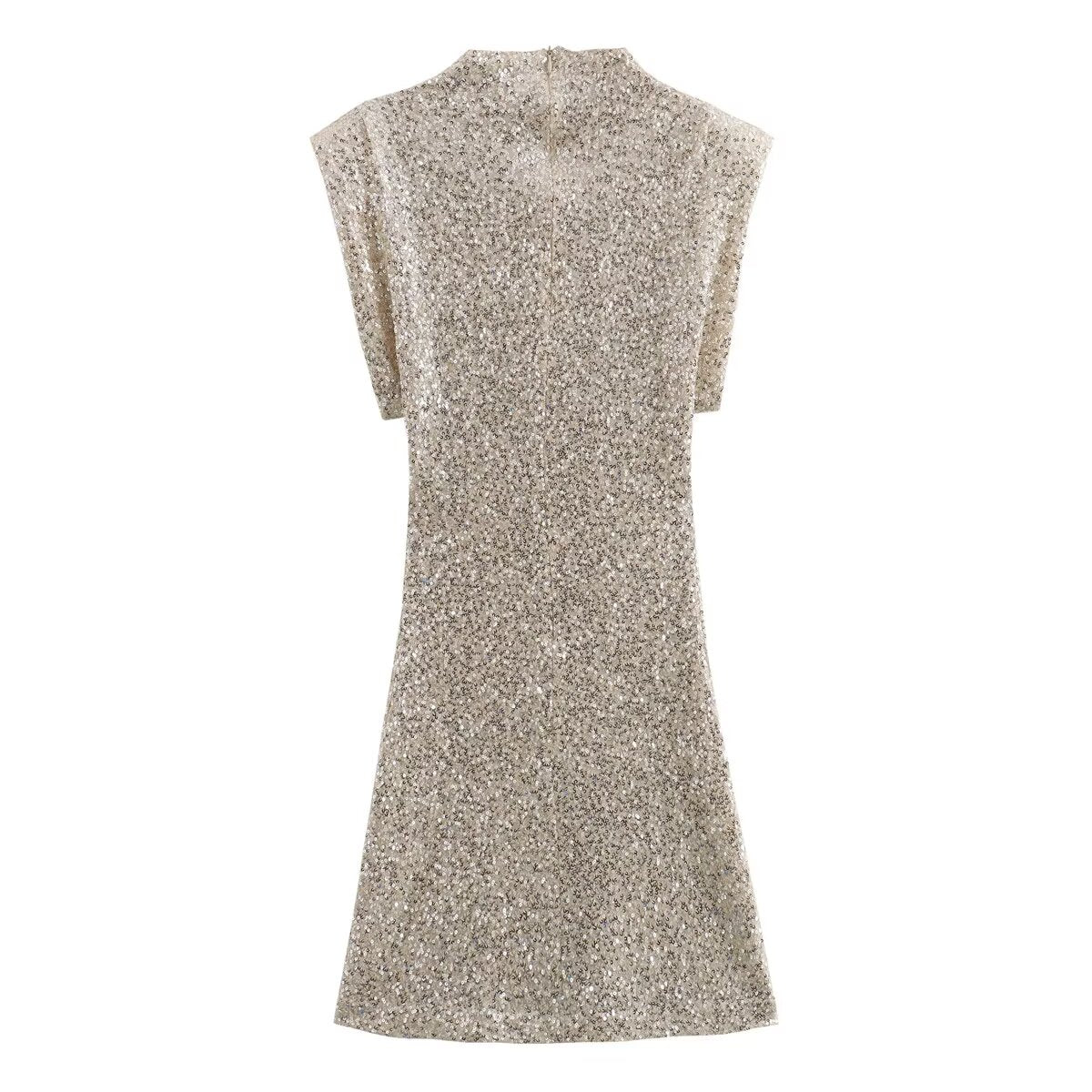 Summer Sweet Fresh Elegant Vacation Padded Shoulder Sequ Dress