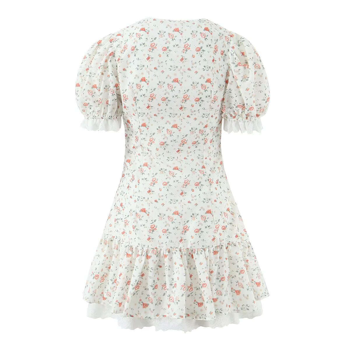 Autumn Gentle Sweet Floral Lace Stitching Printing Dress Tight Waist Puff Sleeve Super Fairy Princess Dress