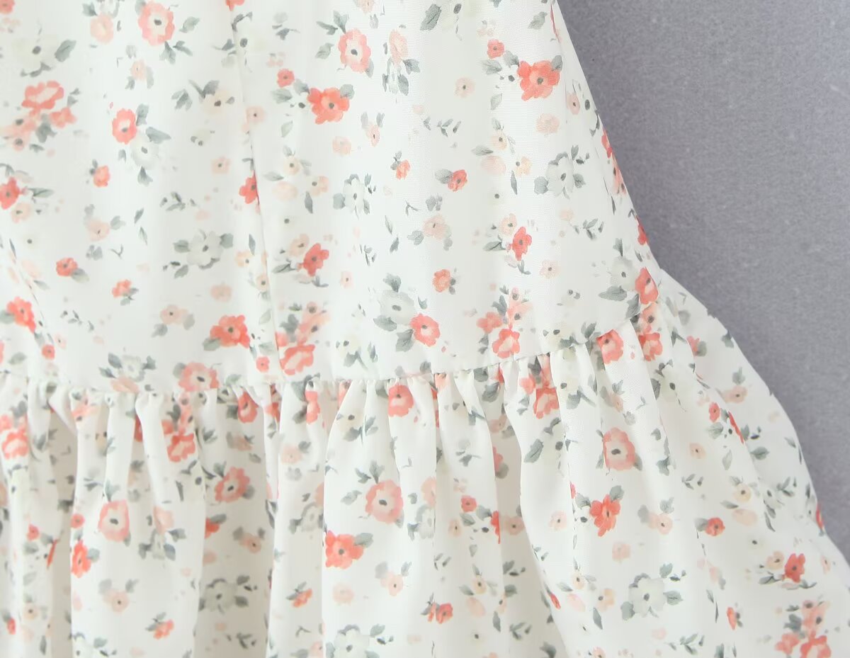 Autumn Gentle Sweet Floral Lace Stitching Printing Dress Tight Waist Puff Sleeve Super Fairy Princess Dress