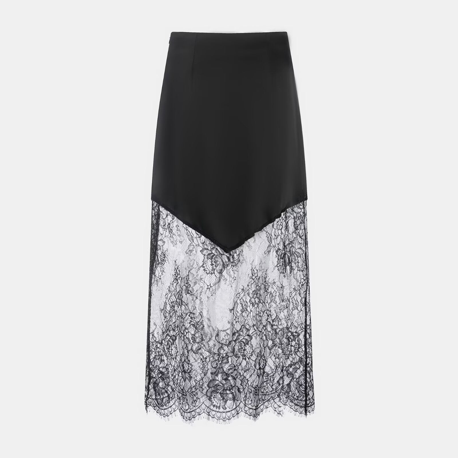 Women Clothing Winter Sexy See through Lace Stitching High Waist Skirt Long Skirt