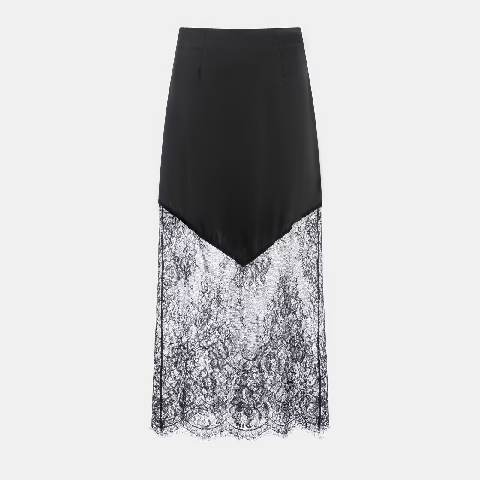 Women Clothing Winter Sexy See through Lace Stitching High Waist Skirt Long Skirt