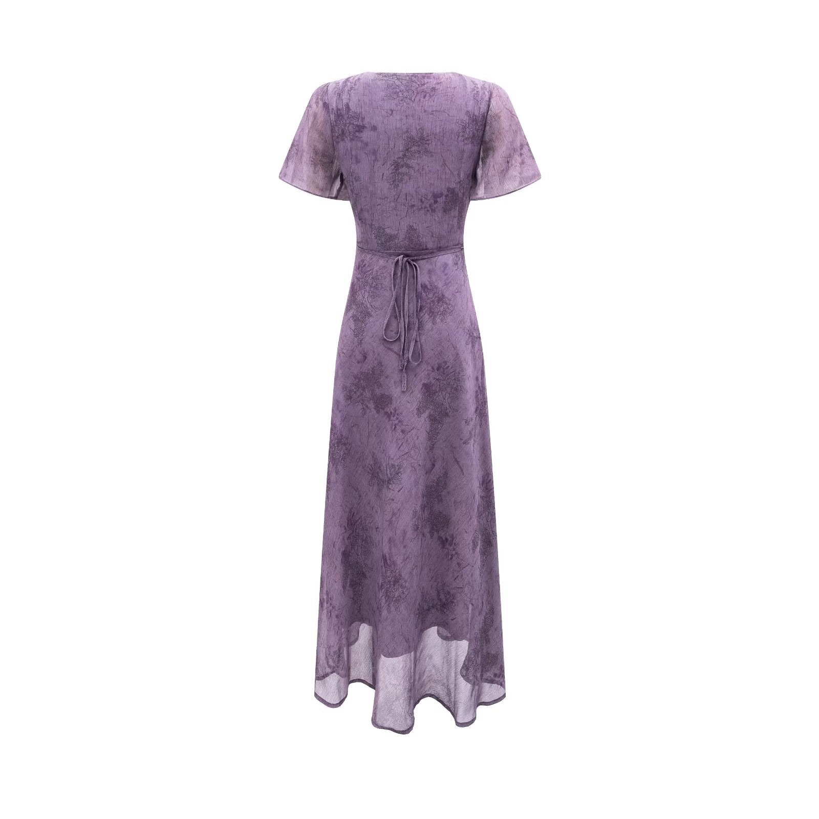 Elegant Slimming V Neckline Pullover Lace Stitching Design Dress Lace up Waist Tight Purple Dress