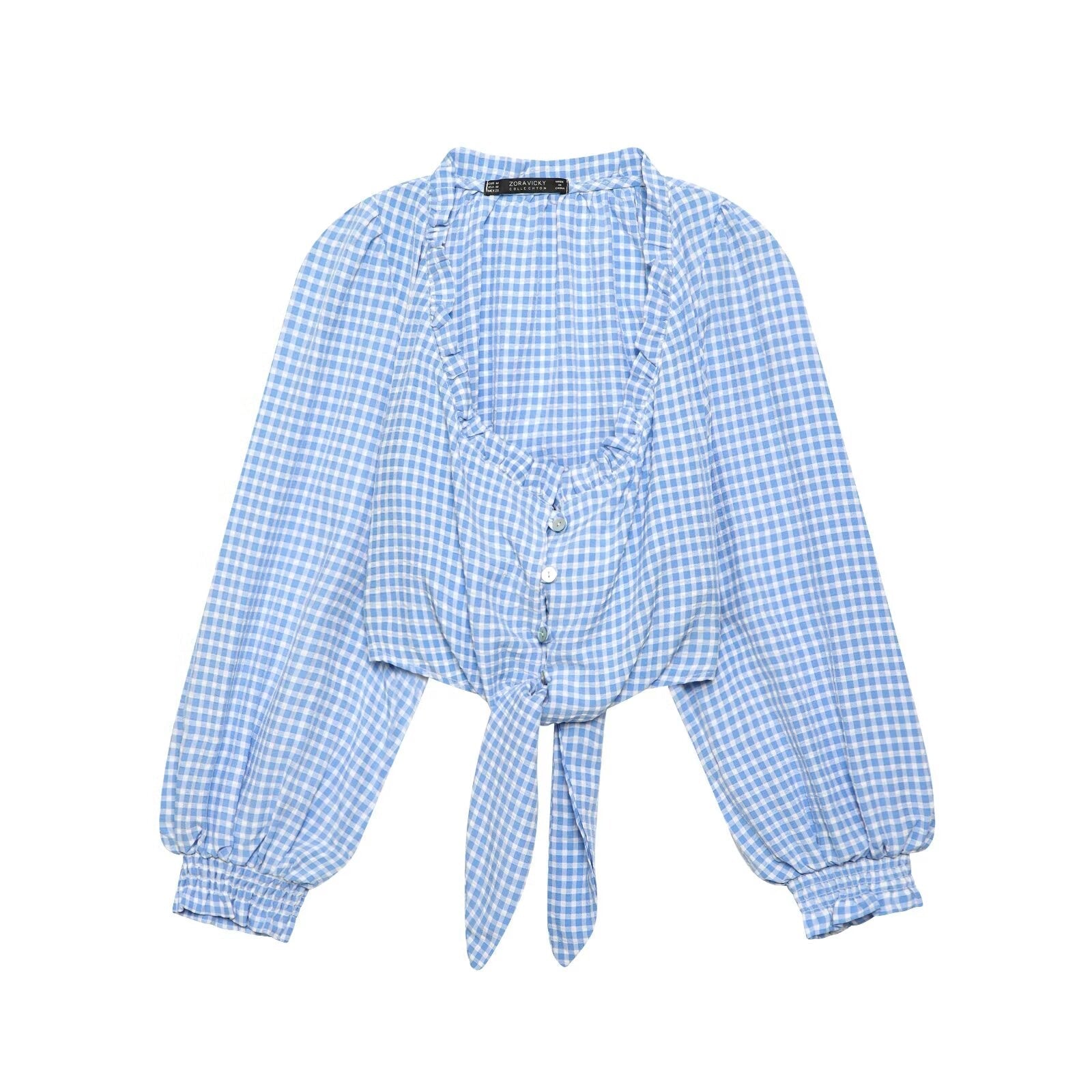 Women Clothing Spring Sexy Square Collar Blue Plaid Short Long Sleeve Top