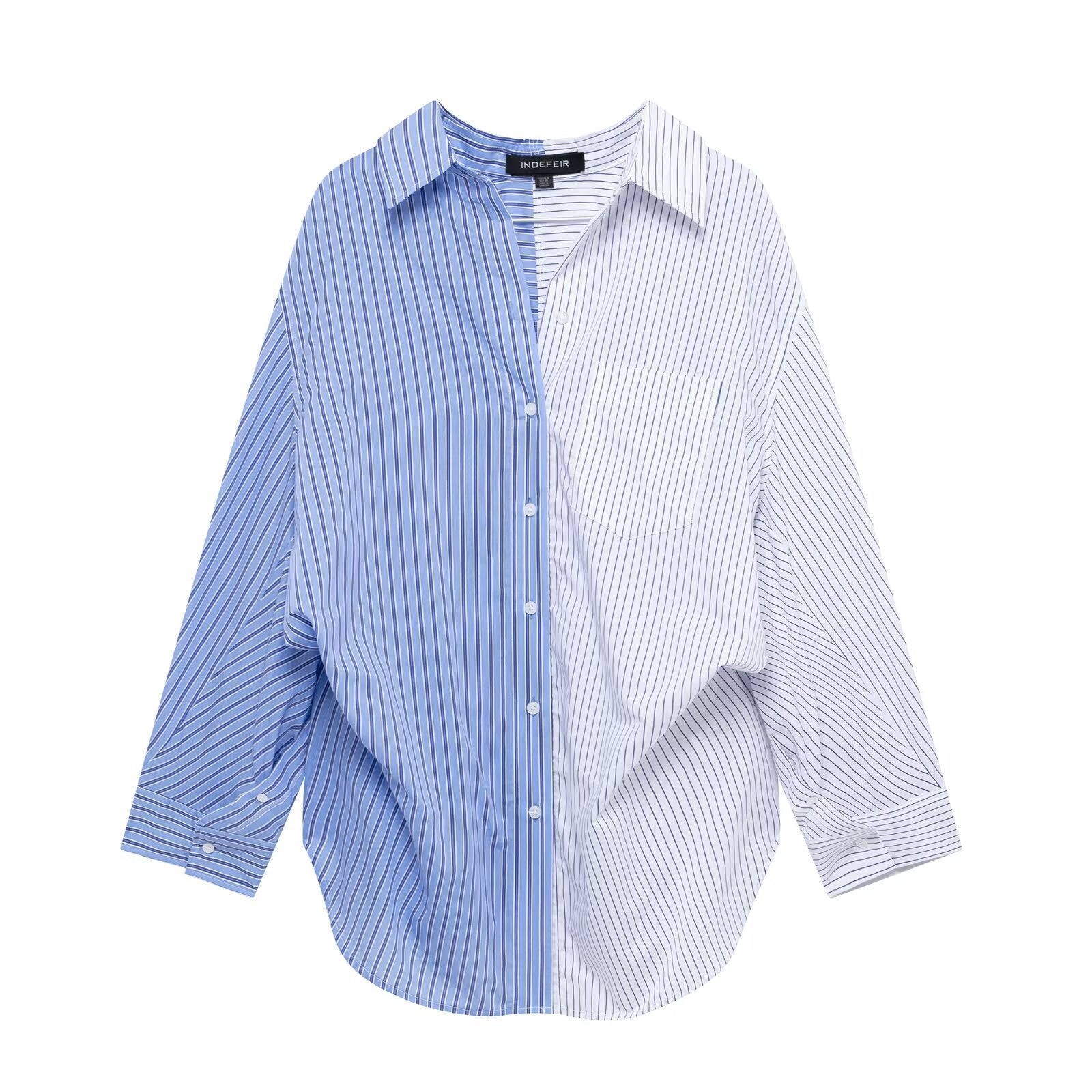 Women Clothing Patchwork Striped Poplin Loose Collared Long Sleeves Shirt