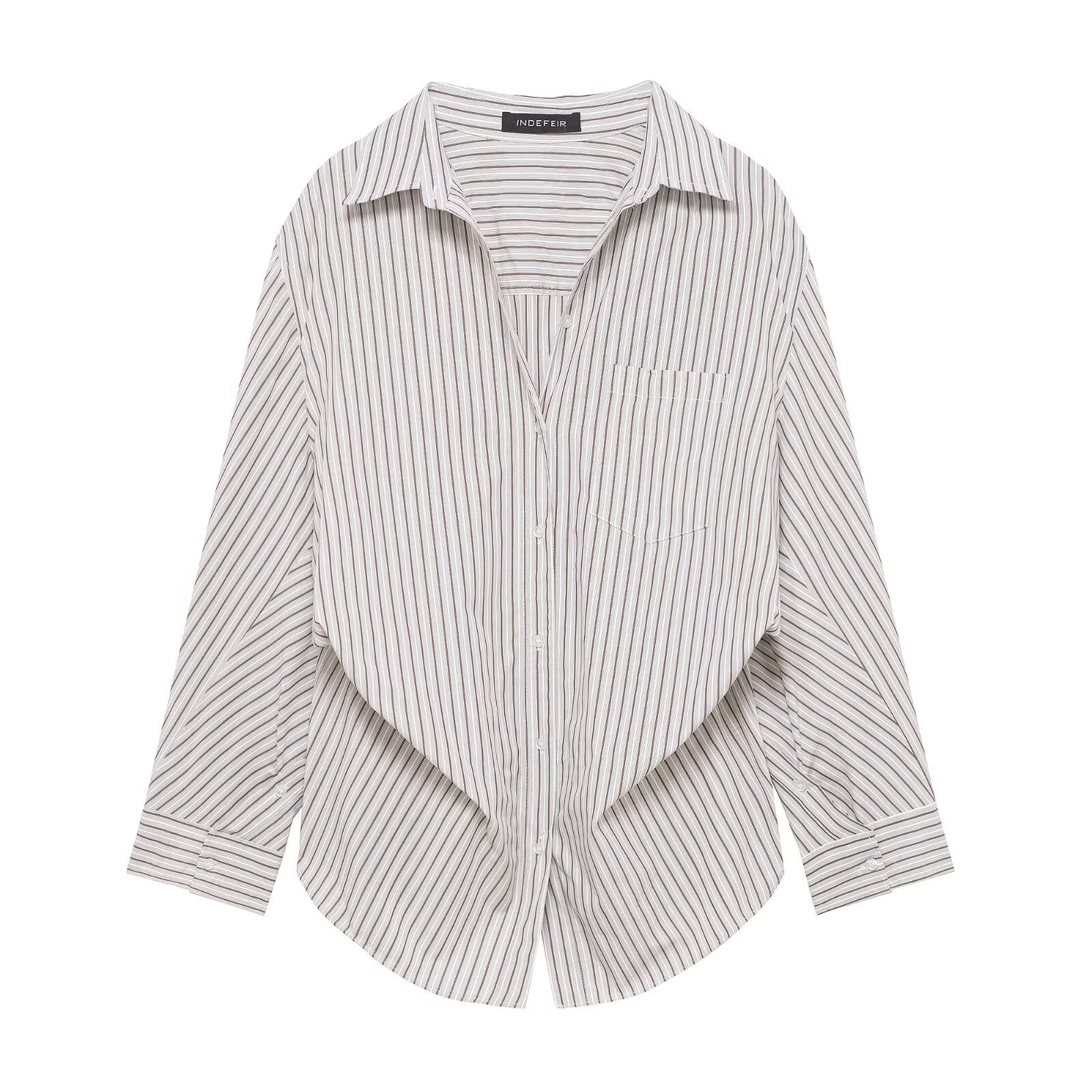 Women Clothing Patchwork Striped Poplin Loose Collared Long Sleeves Shirt