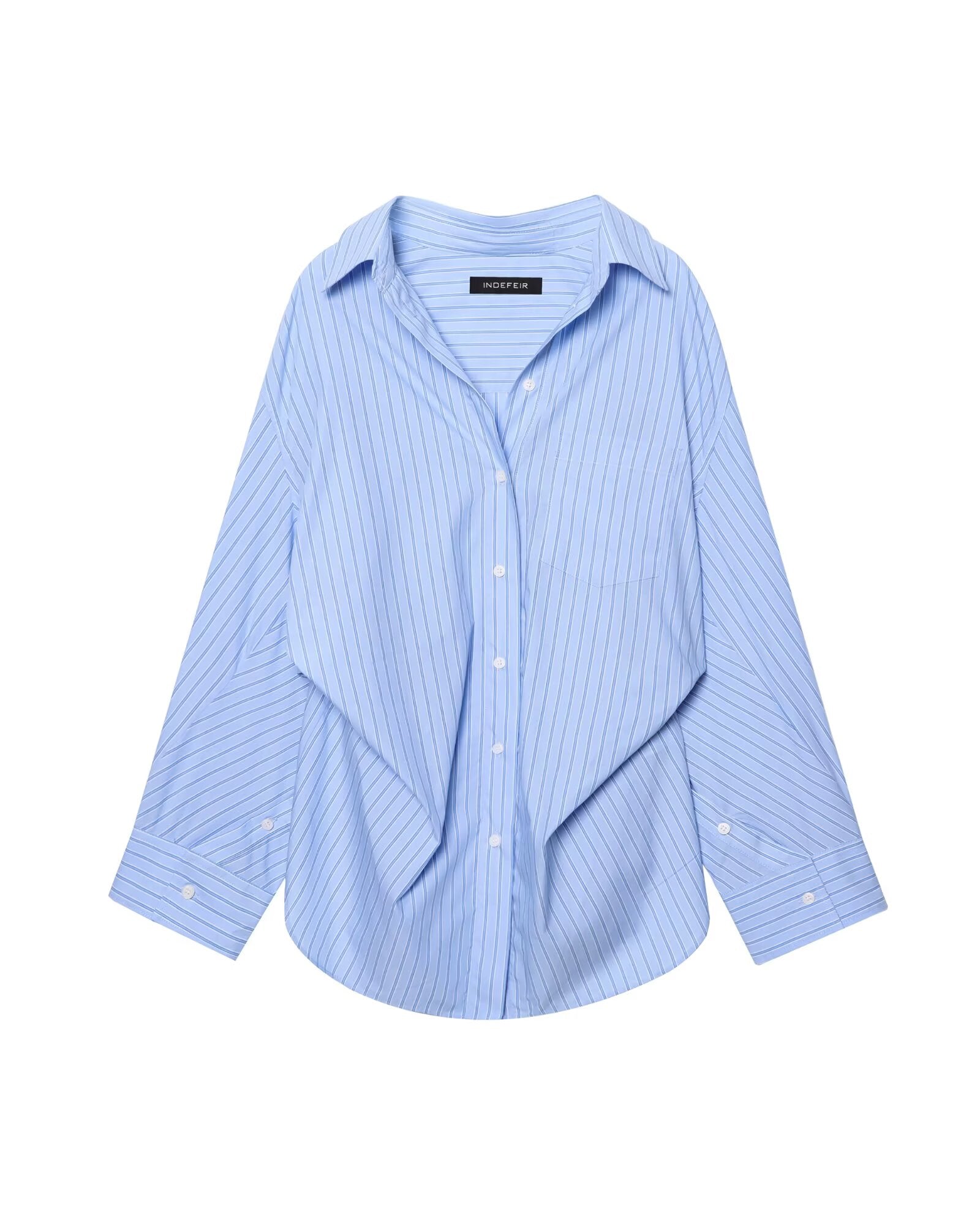 Women Clothing Patchwork Striped Poplin Loose Collared Long Sleeves Shirt