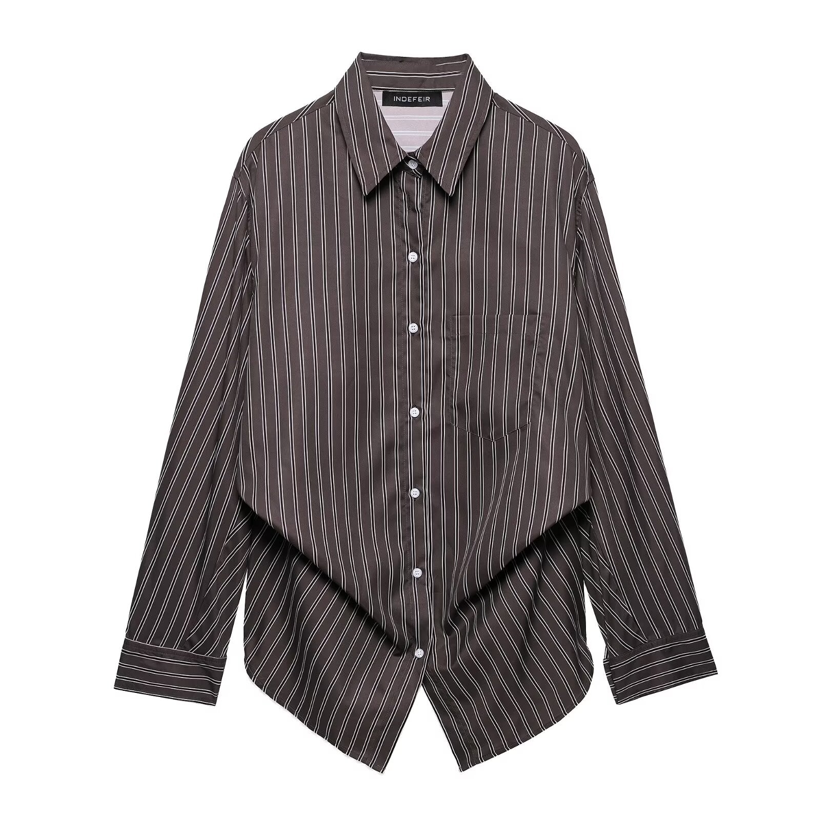Women Clothing Patchwork Striped Poplin Loose Collared Long Sleeves Shirt