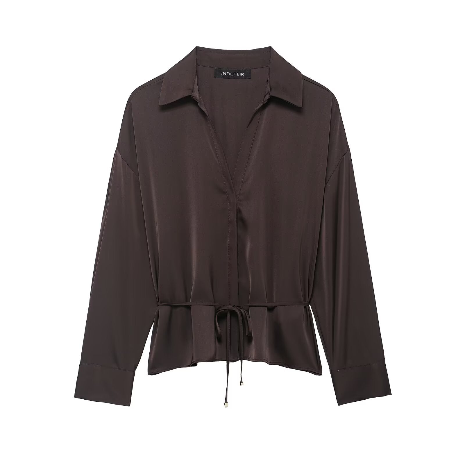 Women Clothing Summer All Matching with Belt Silk Satin Textured Shirt