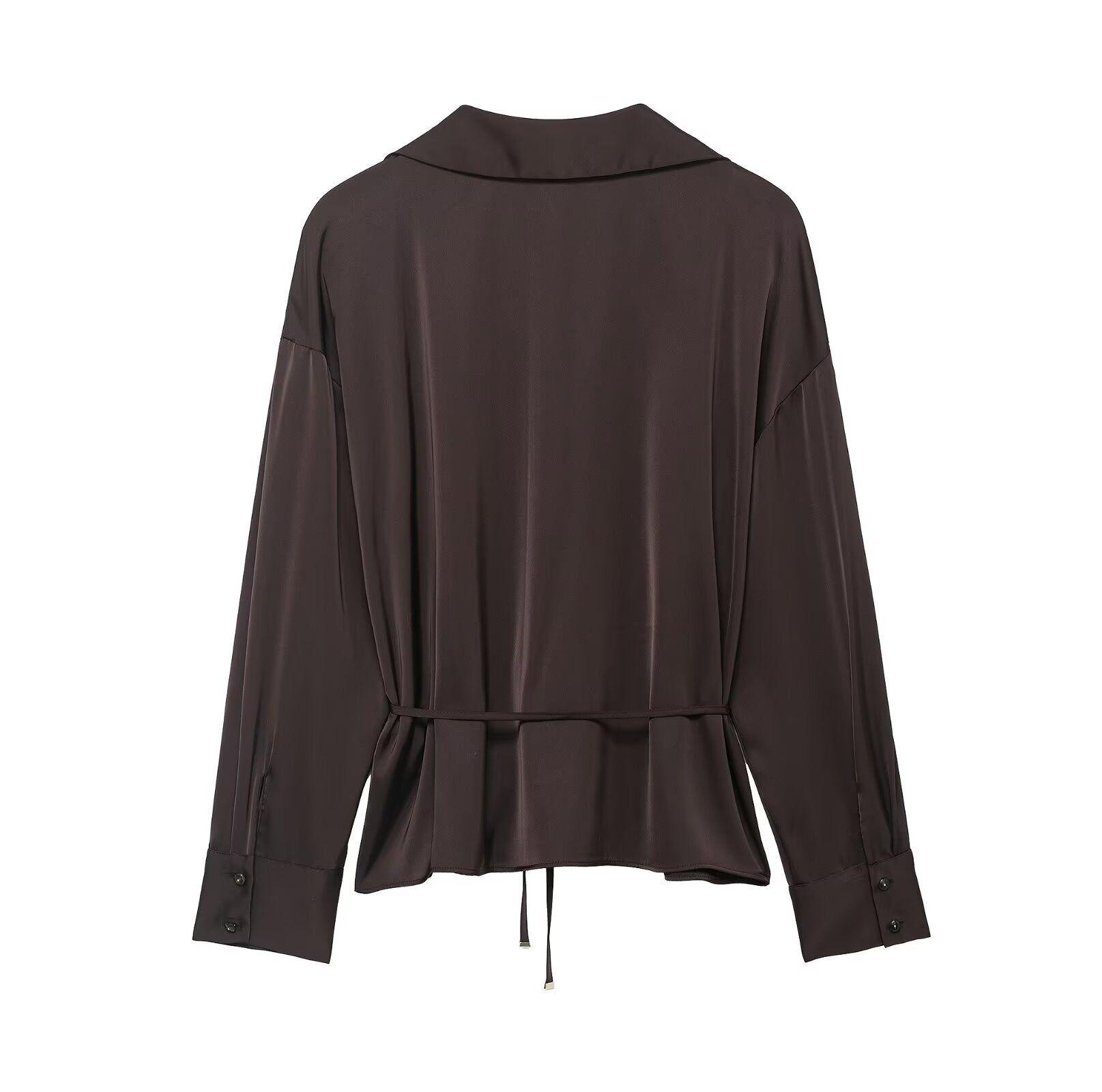 Women Clothing Summer All Matching with Belt Silk Satin Textured Shirt