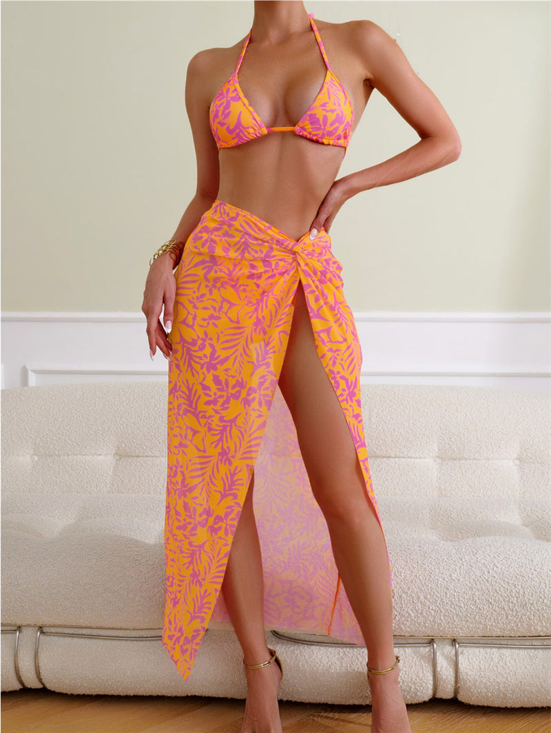 Women Printed Sexy Lace up Backless Beach Gauze Three Piece Split Swimsuit
