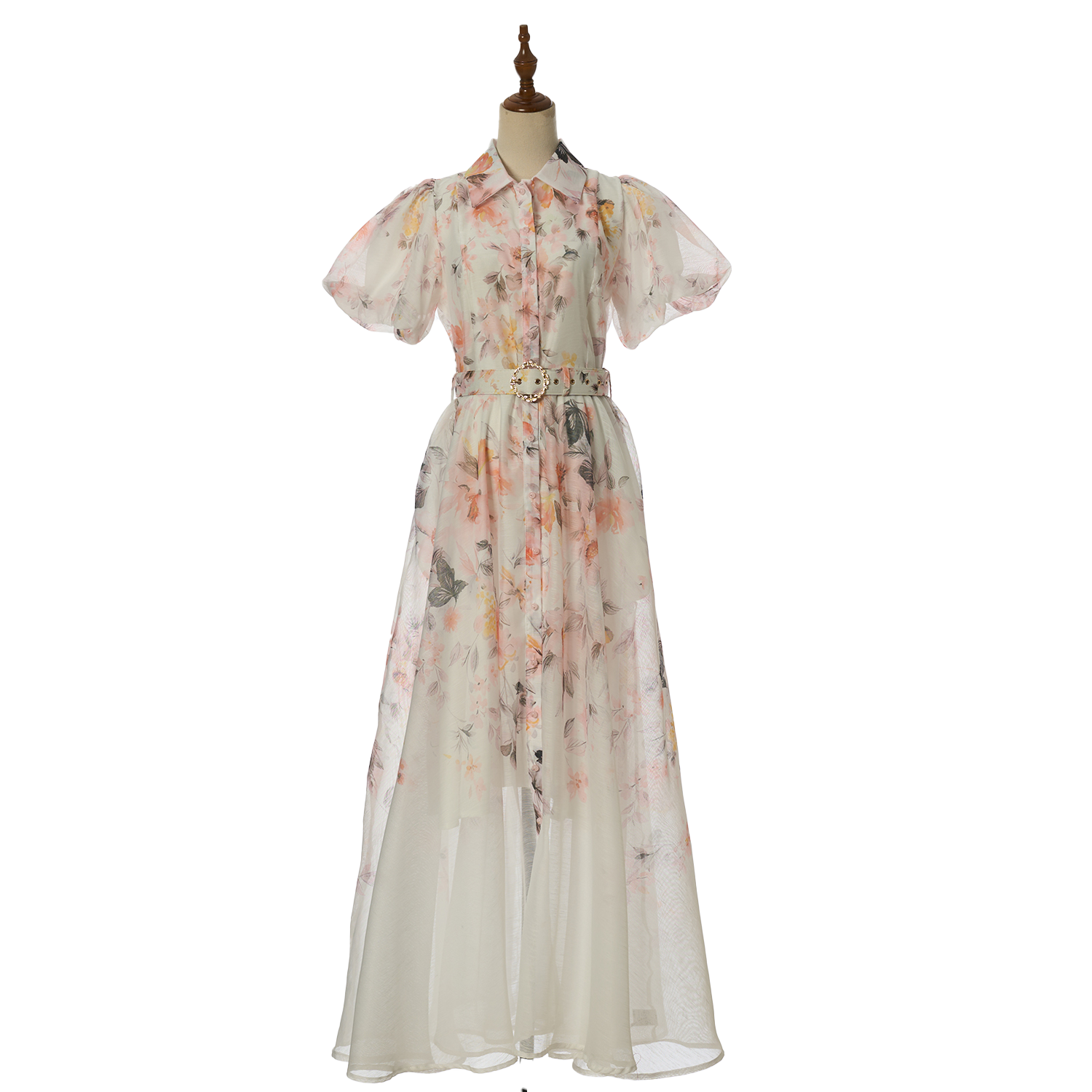 Women Summer Floral Short Sleeved Waist Long Dress
