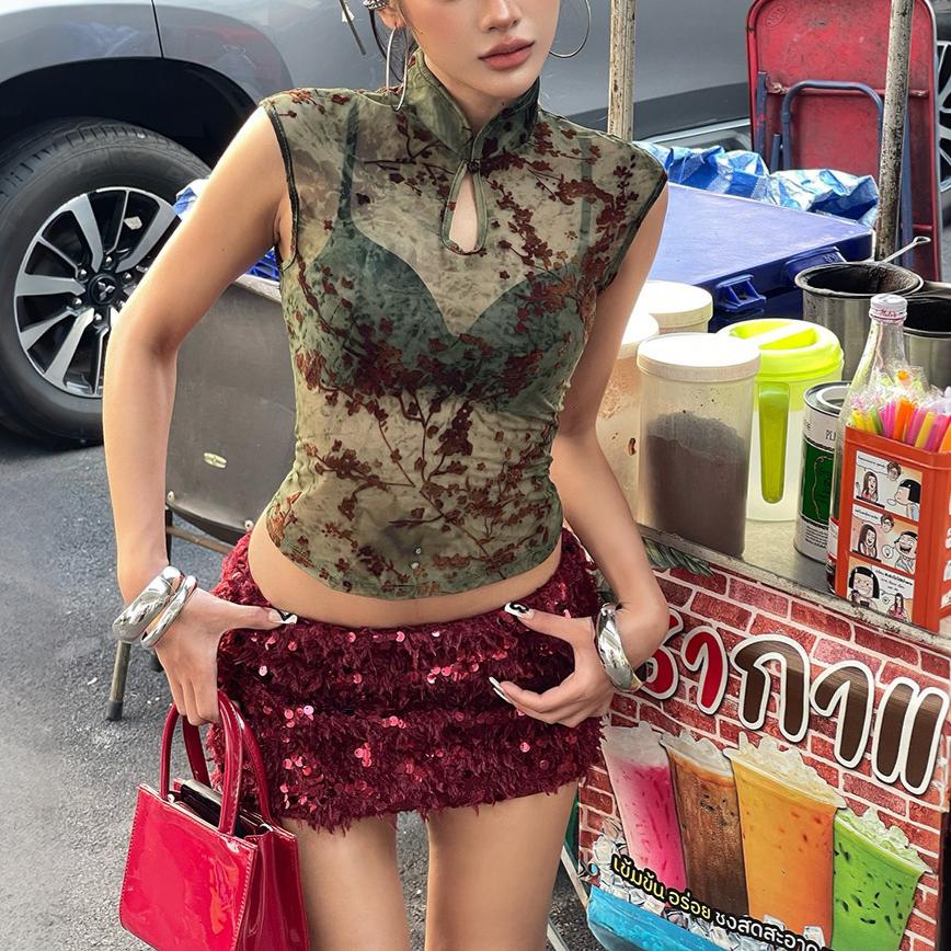 Spring Women Clothing Printed Slim Mandarin Collar Personality See through Sleeveless Waist-Controlled Top