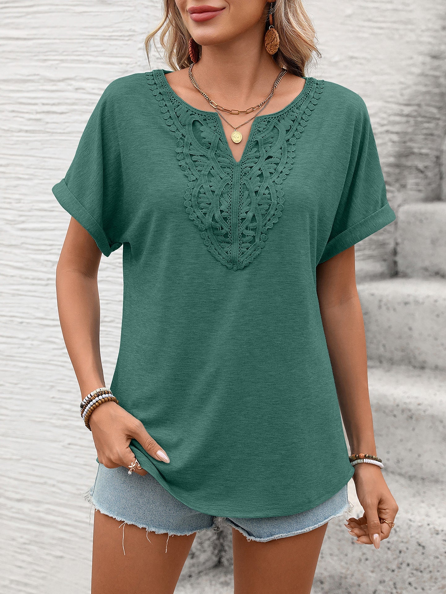Women Clothing Spring Summer Solid Color V neck Lace Loose Short Sleeve T shirt Top