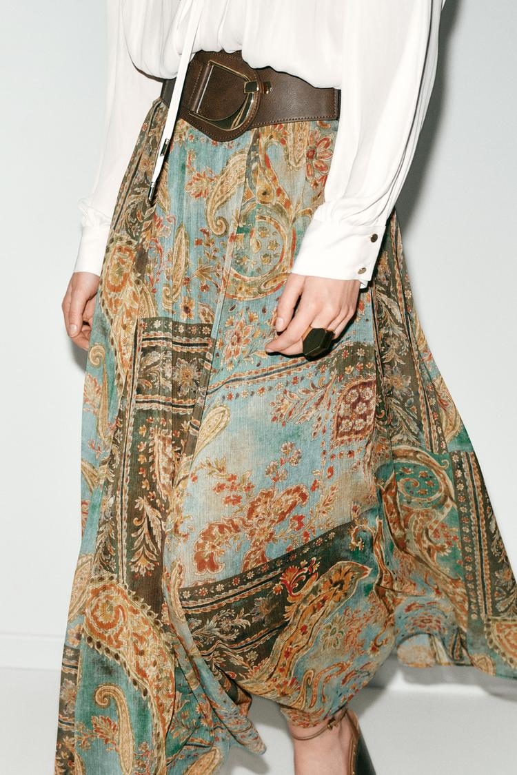 Women Clothing Summer Retro Fashionable Printed Chiffon Midi Skirt