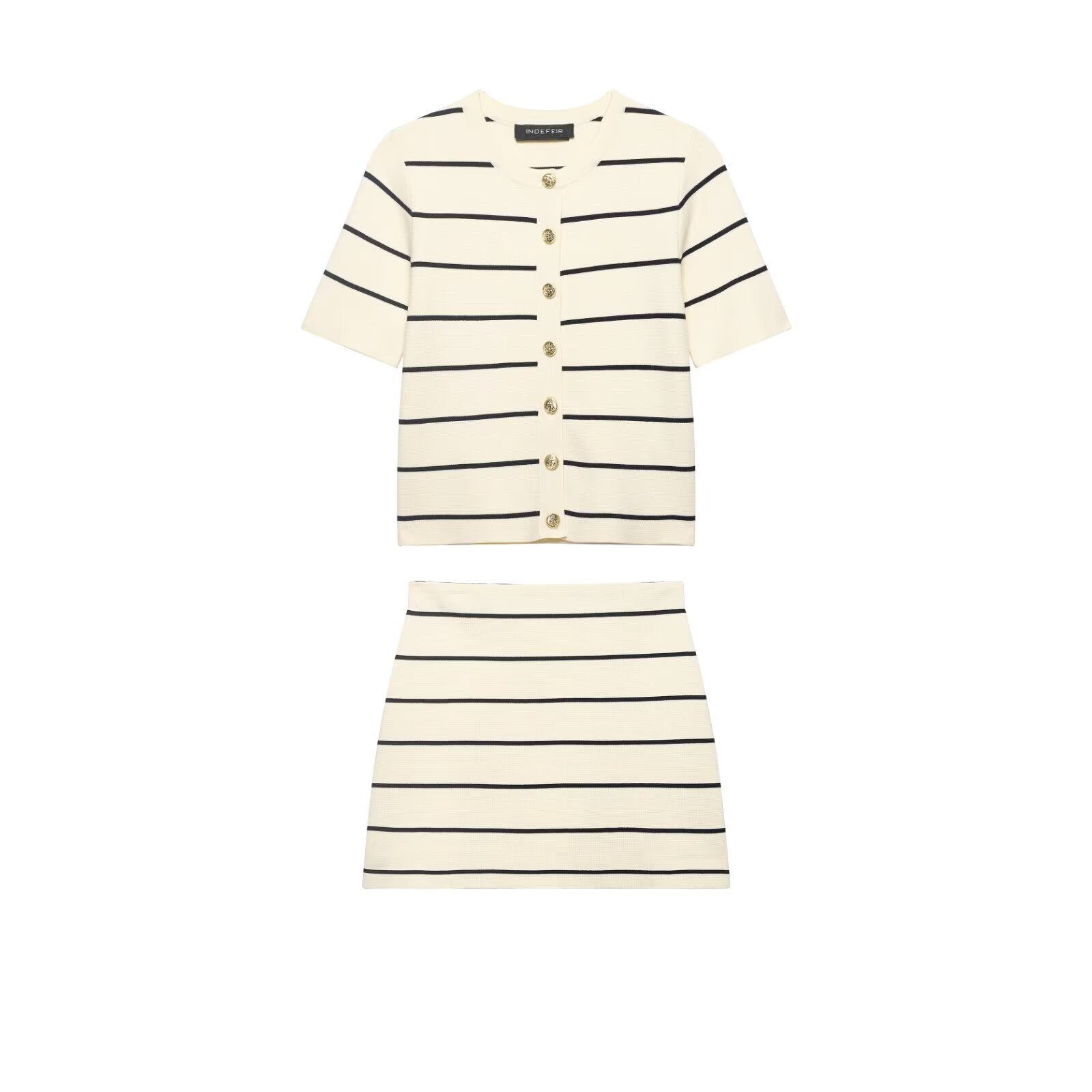 Women Striped Short Sleeved Knitted Jacket Mini Skirt Stes