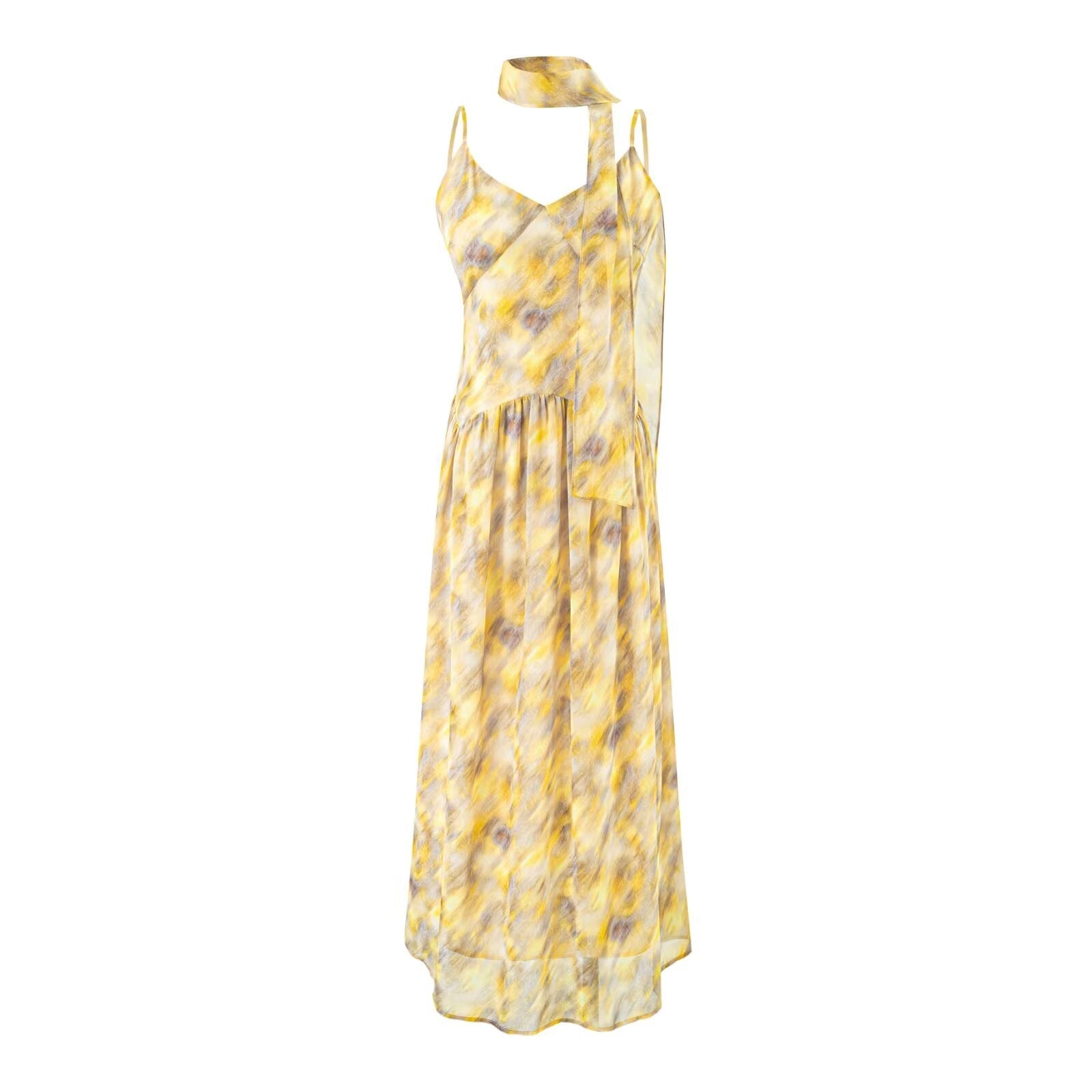 Floral Blooming Ribbon V neck Strap Dress Women Summer Large Pleated Beautiful Seaside Dress