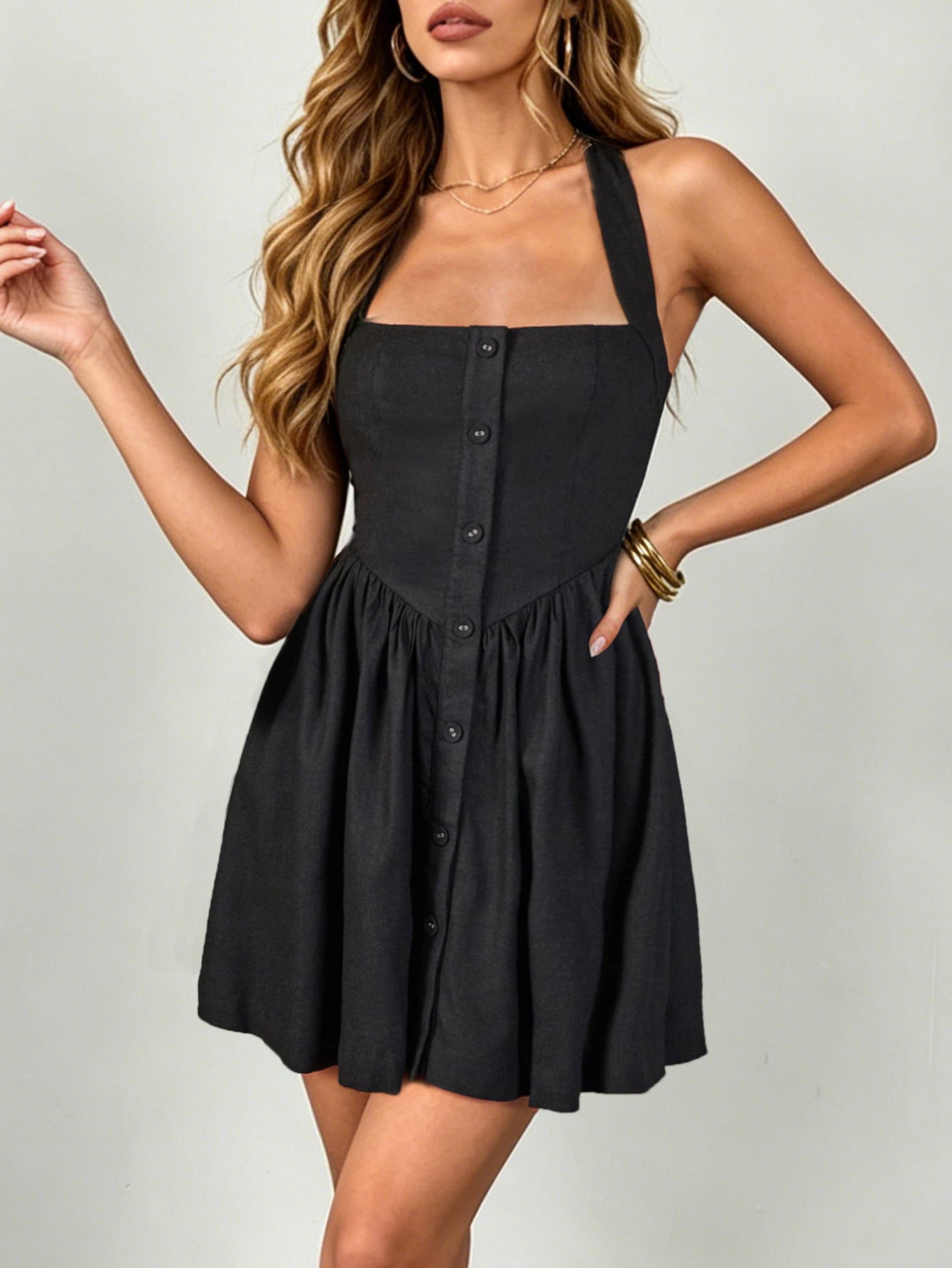 Summer French Halter Backless High Waist Elastic Smocking Slim Fit Slimming Large Hem Imitation Denim Dress