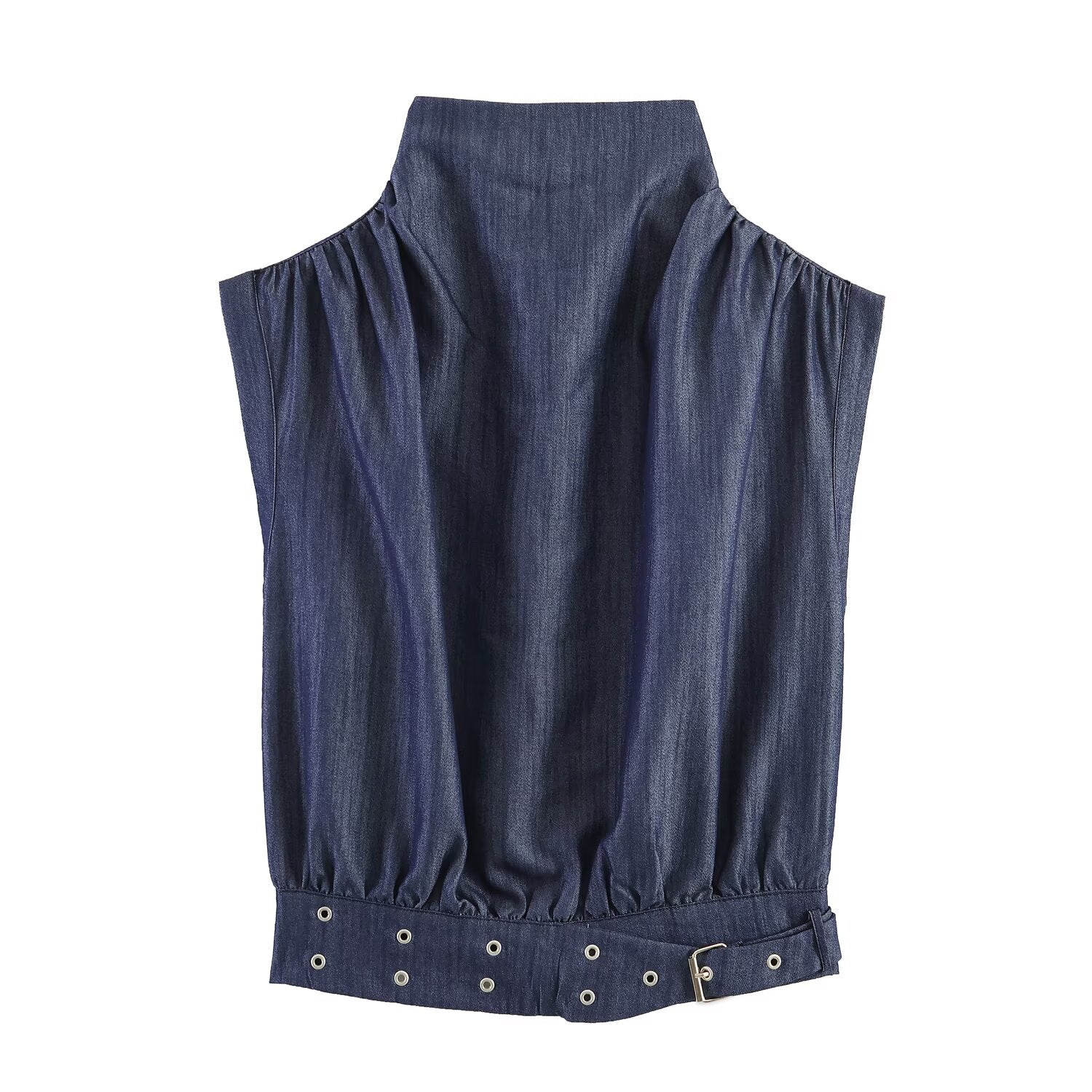 Summer Women Clothes Casual Sleeveless Stand Collar Rivet Buckle Top Wide Leg Trousers