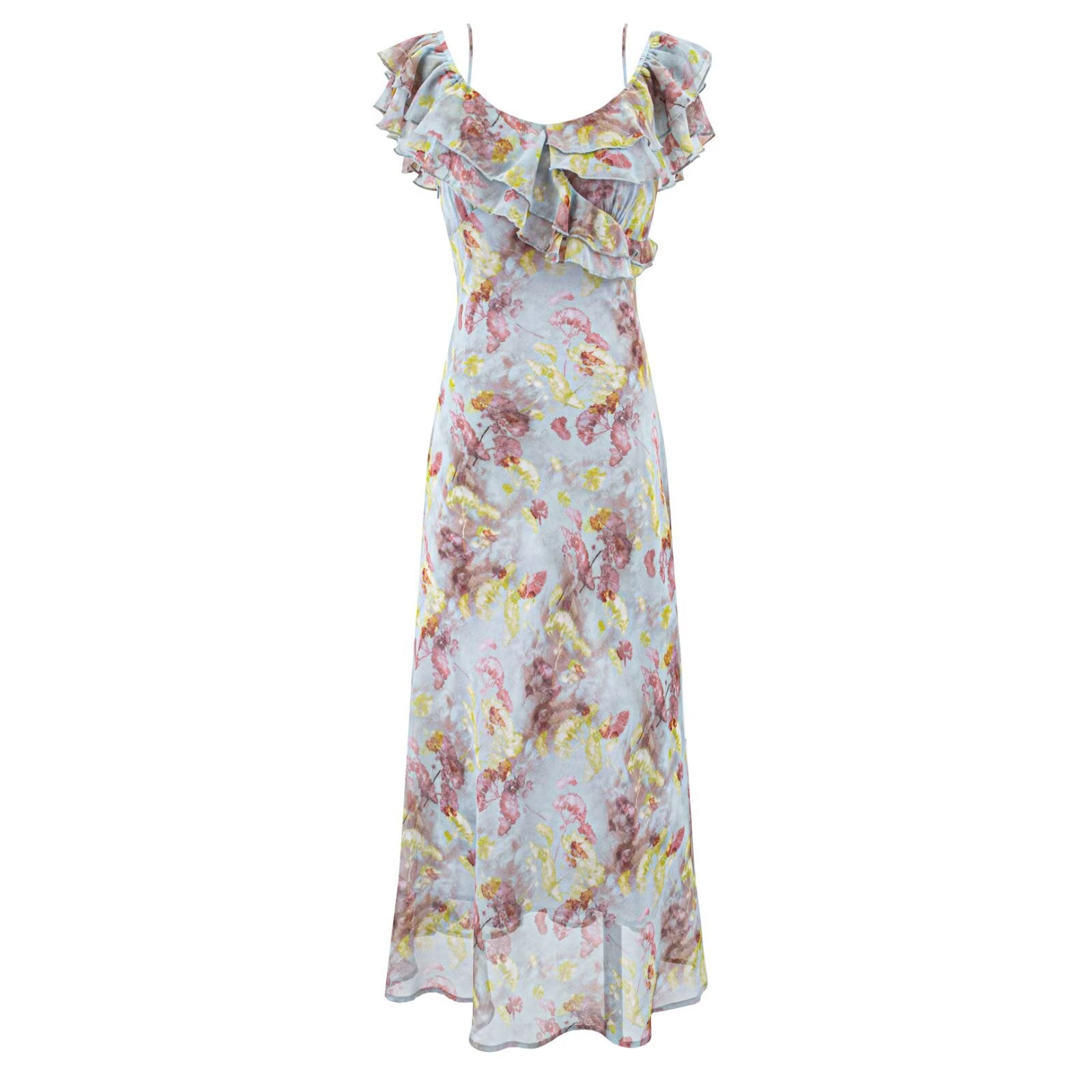 Romantic Floral Short Sleeved Dress Women Summer Tight Waist Beautiful Whitening Gentle Ruffled Collar Oblique Cut Maxi Dress
