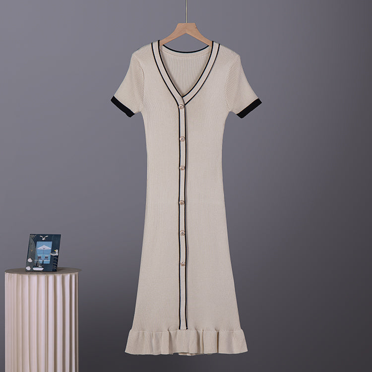 Women V Neck Long Sleeved Single Button Fitted Waistline Knitted Dress Women Autumn Sweater With Fitted Ruffled Dress