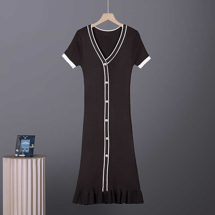 Women V Neck Long Sleeved Single Button Fitted Waistline Knitted Dress Women Autumn Sweater With Fitted Ruffled Dress