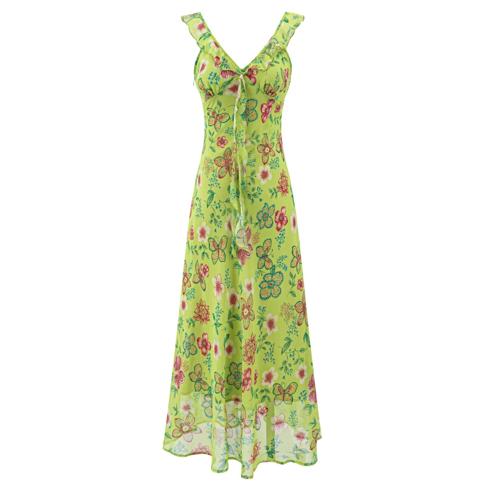 Vacation Green Elegant Dress Women Sexy V neck Flounce Slim Fit Sheath Tea Break Dress