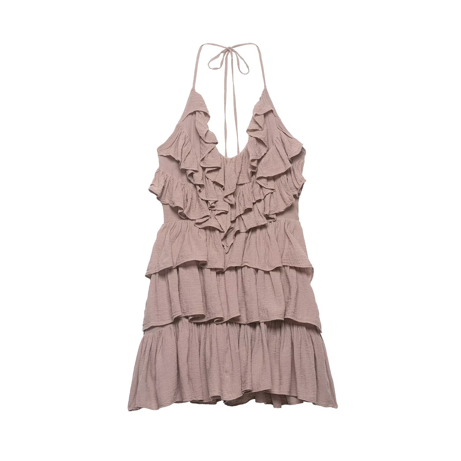 Women Clothing Summer Lace up Backless V neck Laminated Ruffled Dress