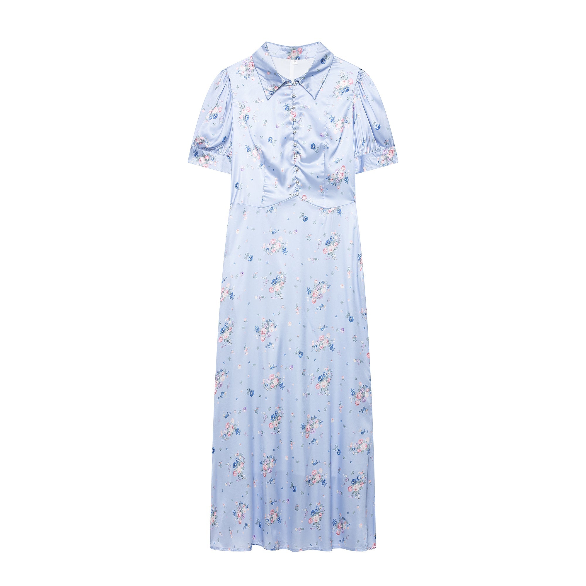 Women Summer Simple Waist Trimming Printing Collared Button Short Sleeve Dress