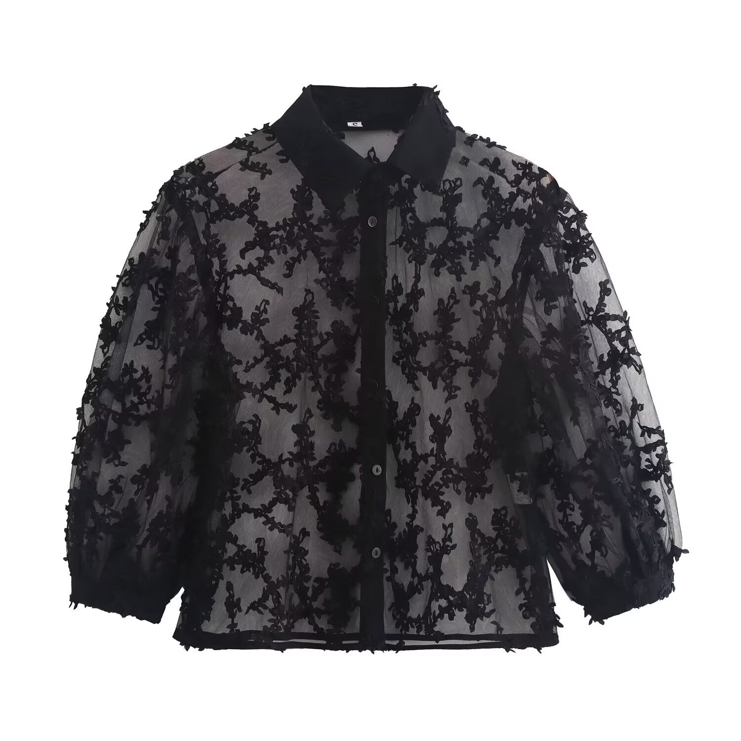 Women Clothing Summer Mesh Loose Slimming See through Puff Sleeve Shirt