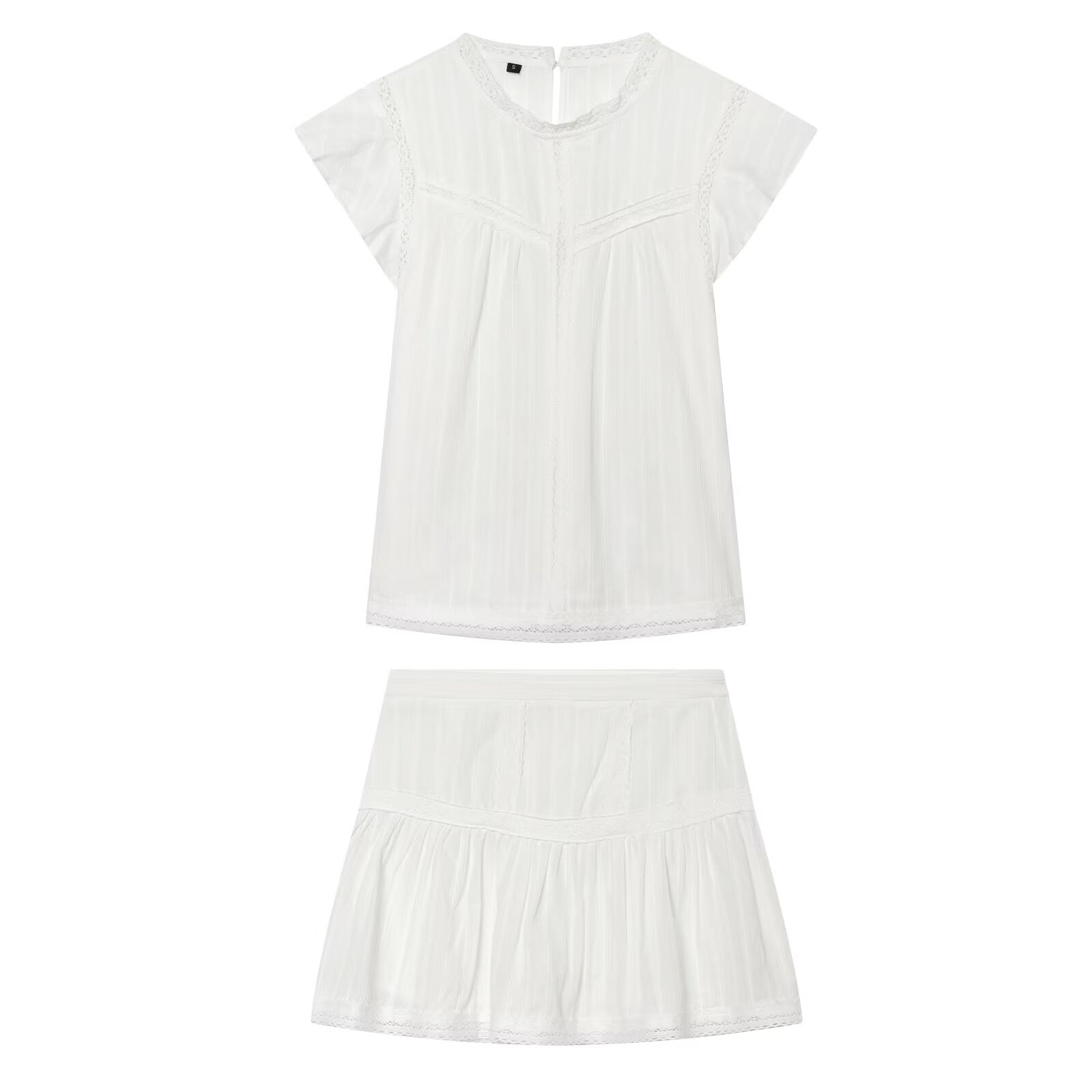 Women Clothing Sexy Romantic Vertical Lace Sleeveless Shirt Lace Skirt Two Piece Set